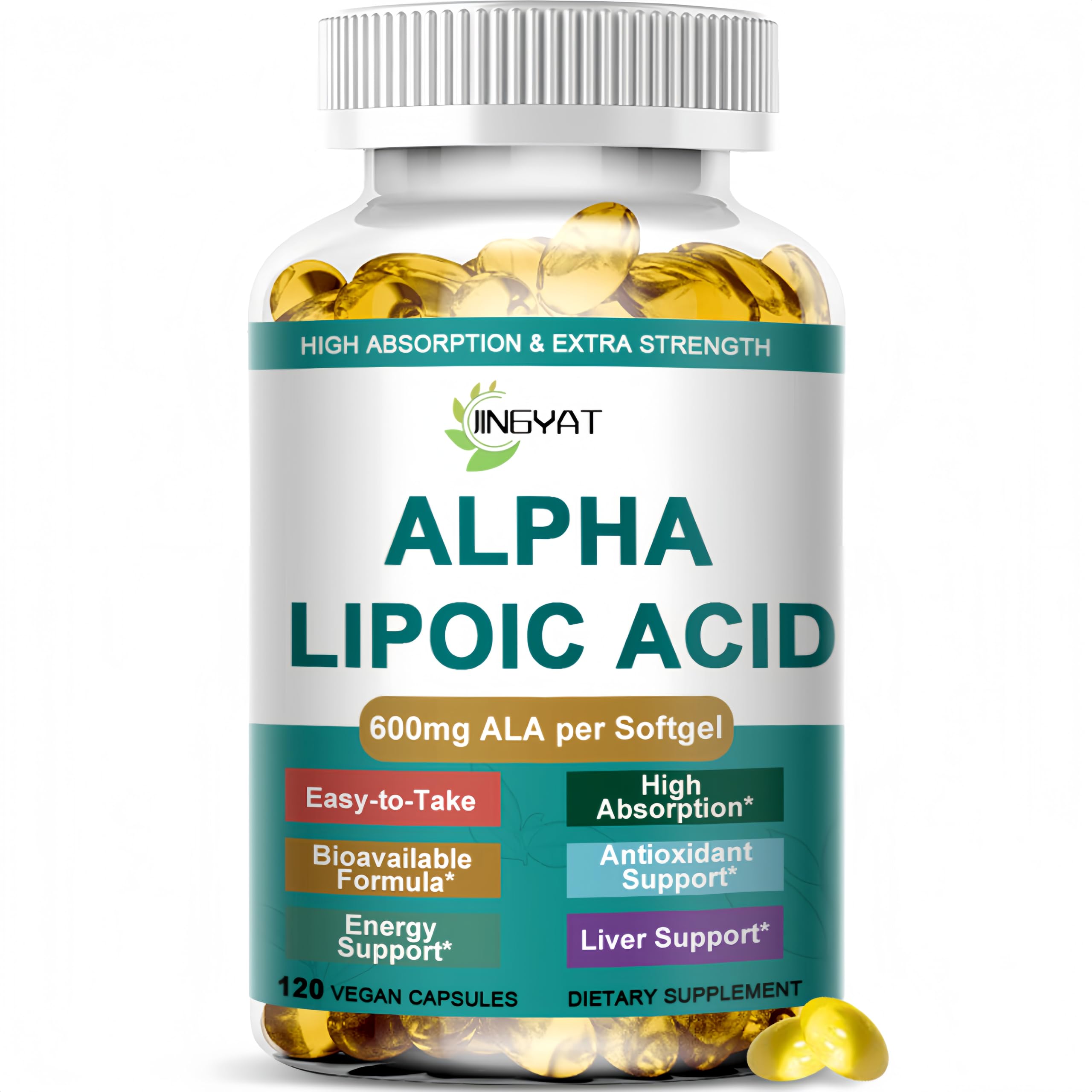 JINGYAT frasco frontal de Alpha Lipoic Acid 600 mg mostrando etiqueta clara y formato
