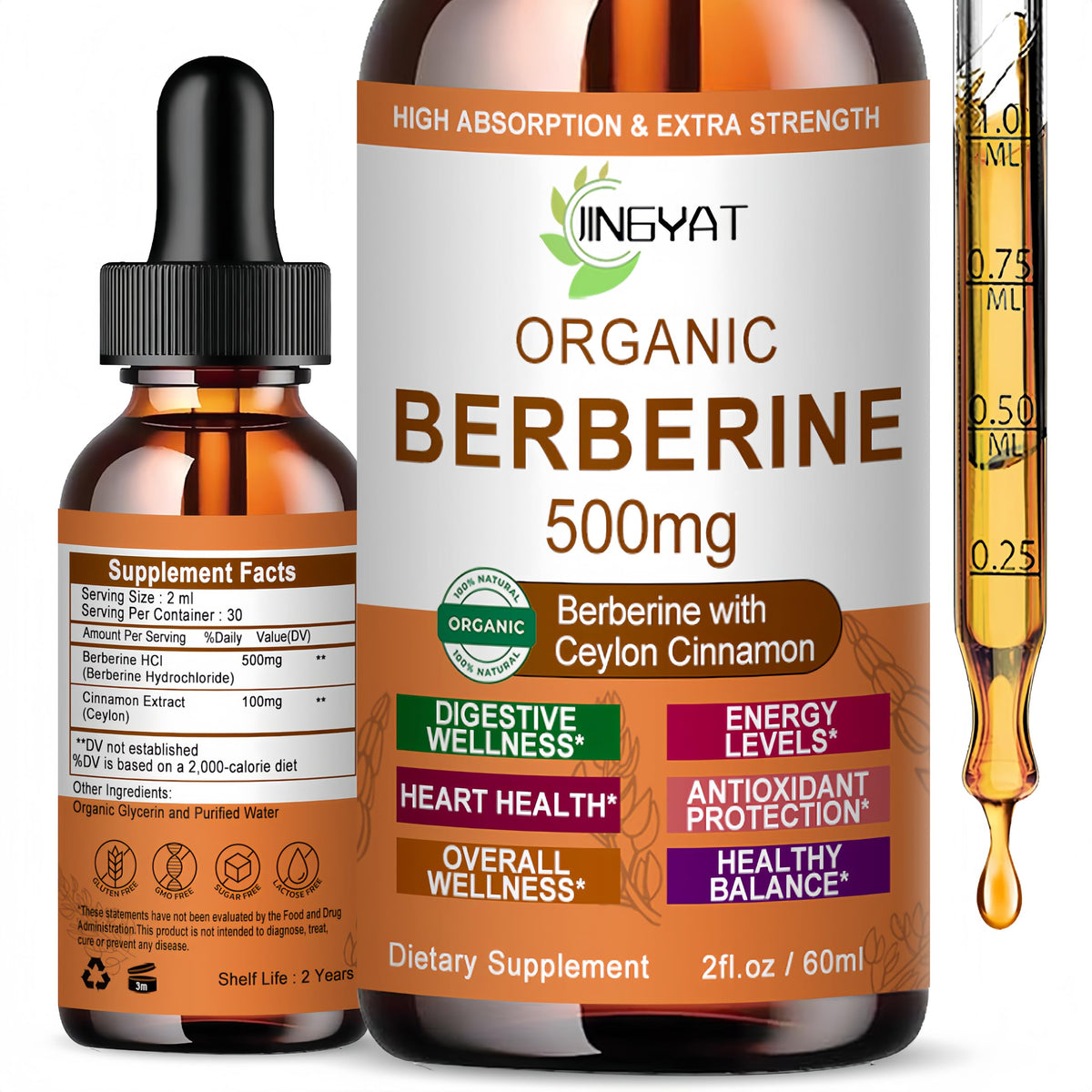 JINGYAT envase frontal de berberina 500mg, formato líquido fácil de tomar