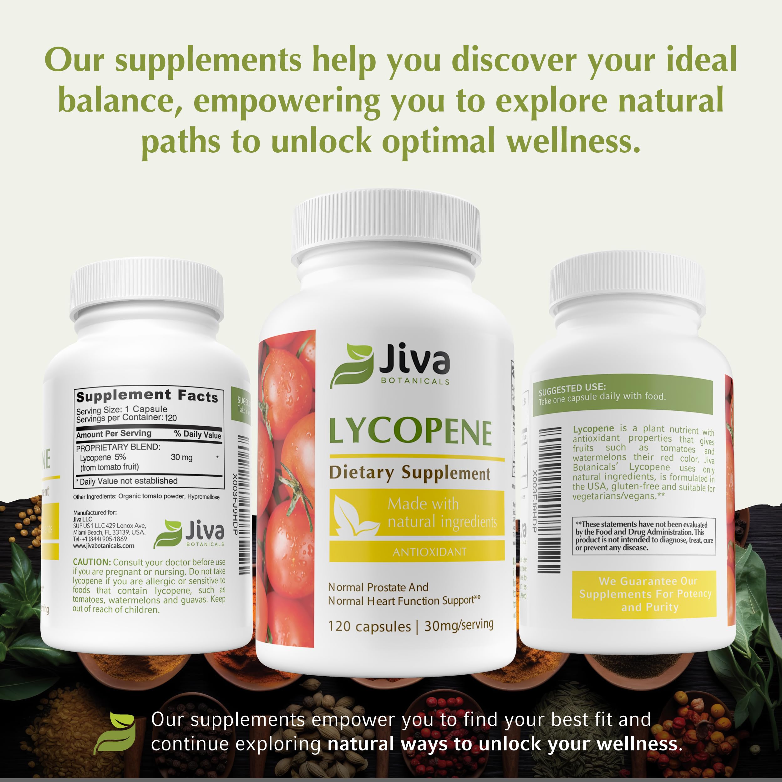 Jiva Botanicals etiqueta con información nutricional y certificación GMP visible