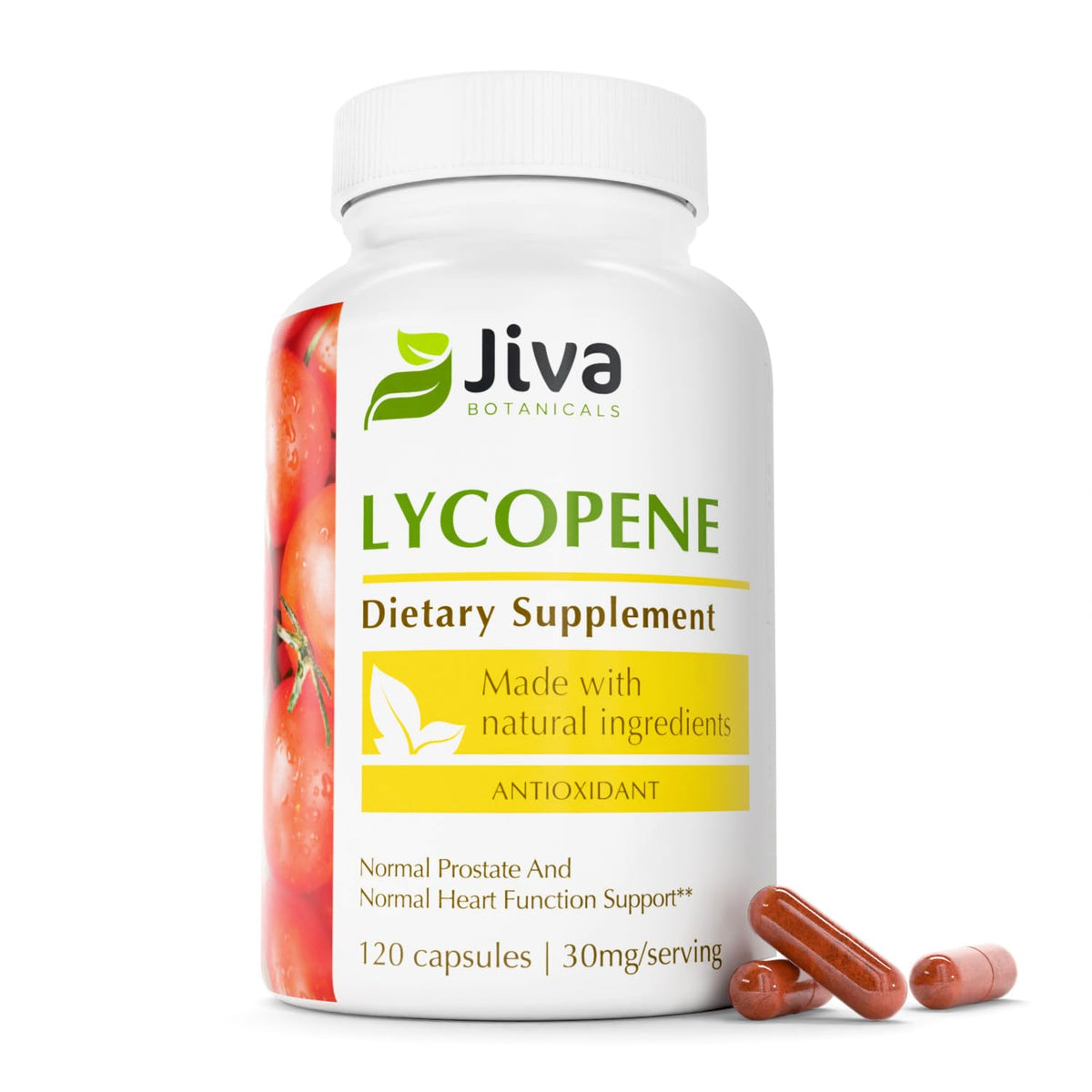 Jiva Botanicals envase frontal de licopeno mostrando 120 cápsulas y suministro prolongado