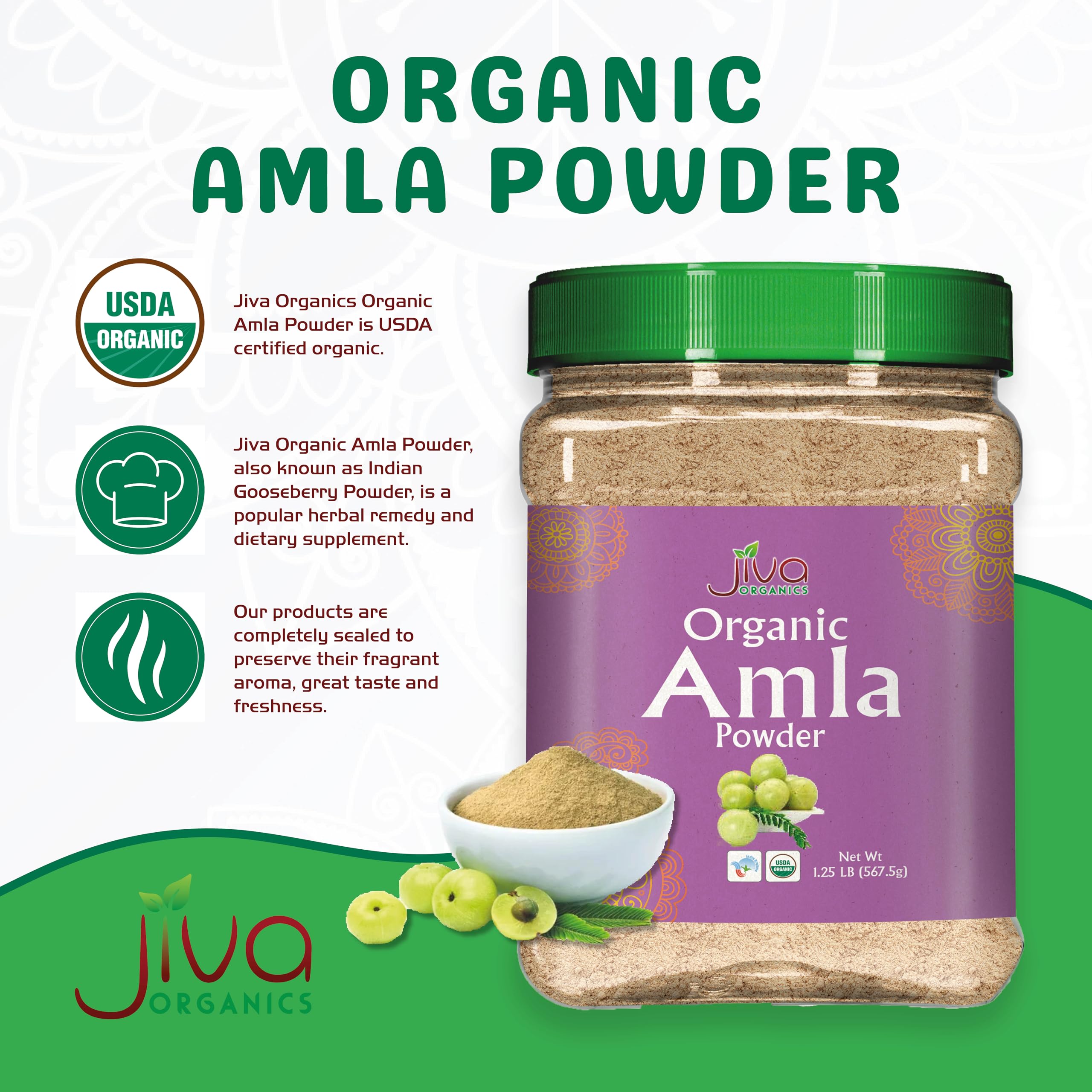 Jiva Organics batido saludable con polvo de amla mezclado y vibrante