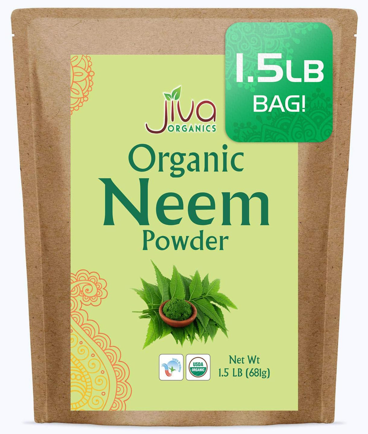 Jiva Organics frente del empaque kraft resellable mostrando volumen y conveniencia