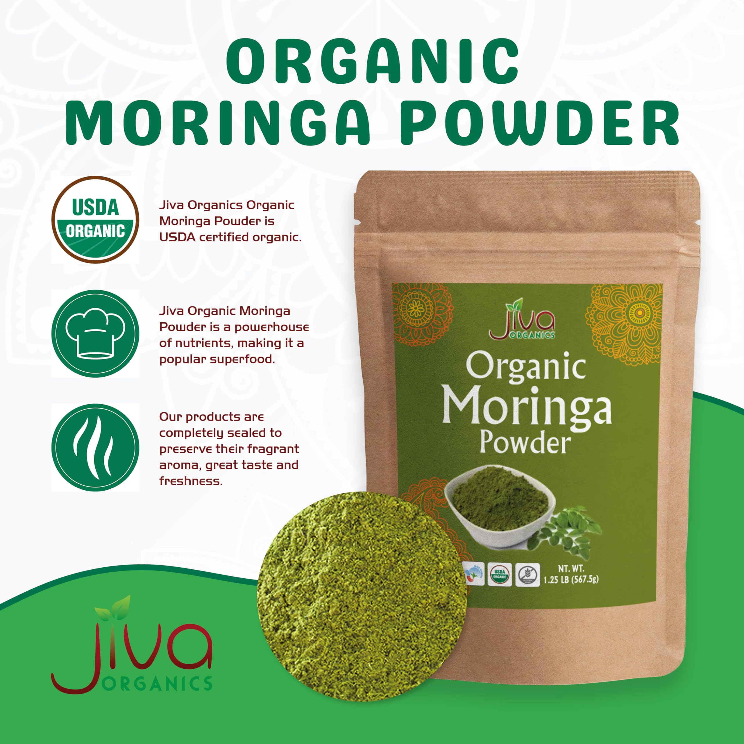 Jiva Organics batido verde con moringa mostrando uso y energía natural