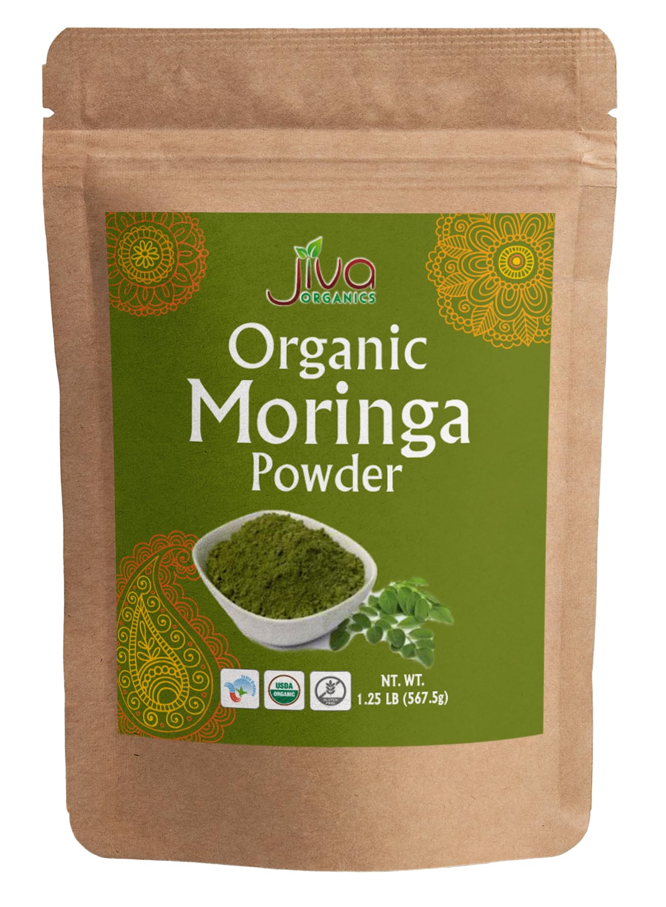 Jiva Organics bolsa de moringa 1.25 lb muestra presentación y frescura