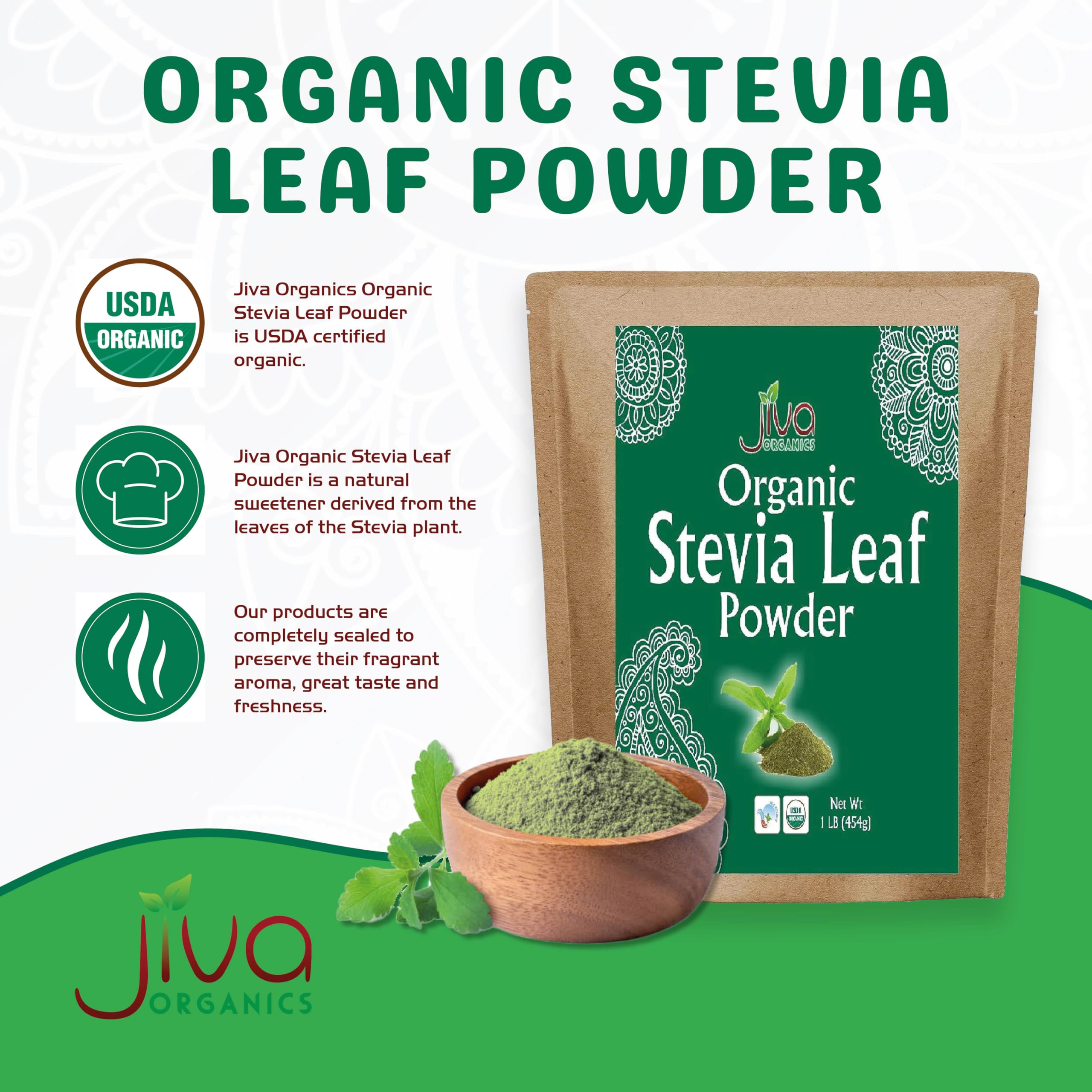 Jiva Organics textura de polvo verde en primer plano, visualiza pureza