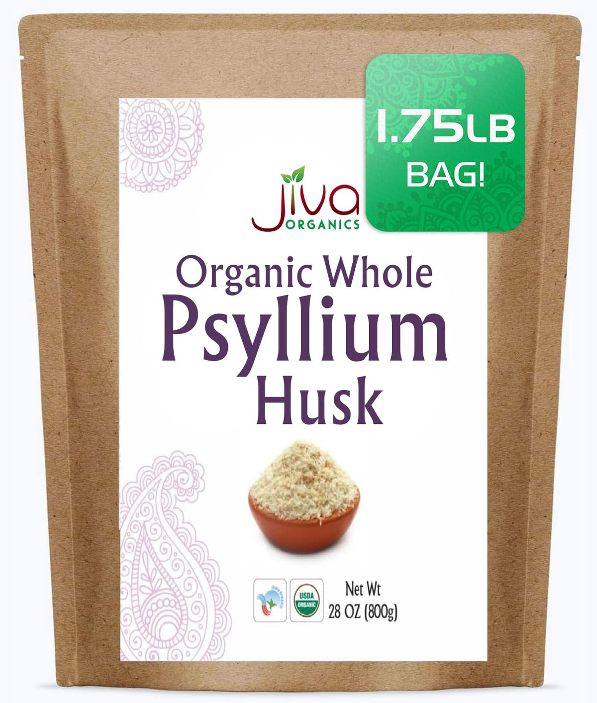 Jiva Organics bolsa frontal mostrando tamaño y beneficio de fibra