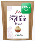 Jiva Organics bolsa frontal mostrando tamaño y beneficio de fibra