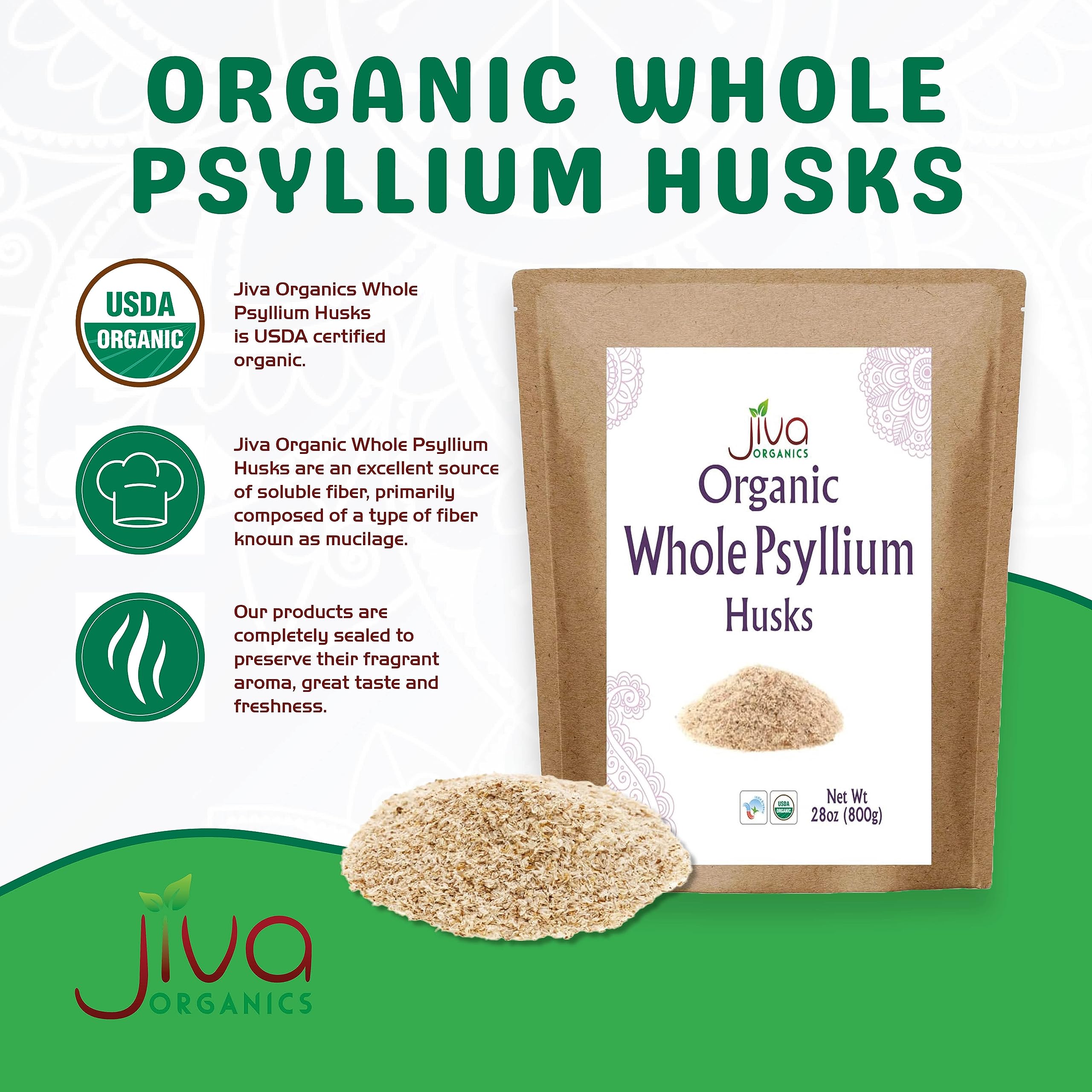 Jiva Organics textura de cáscara de psyllium mostrando consistencia útil