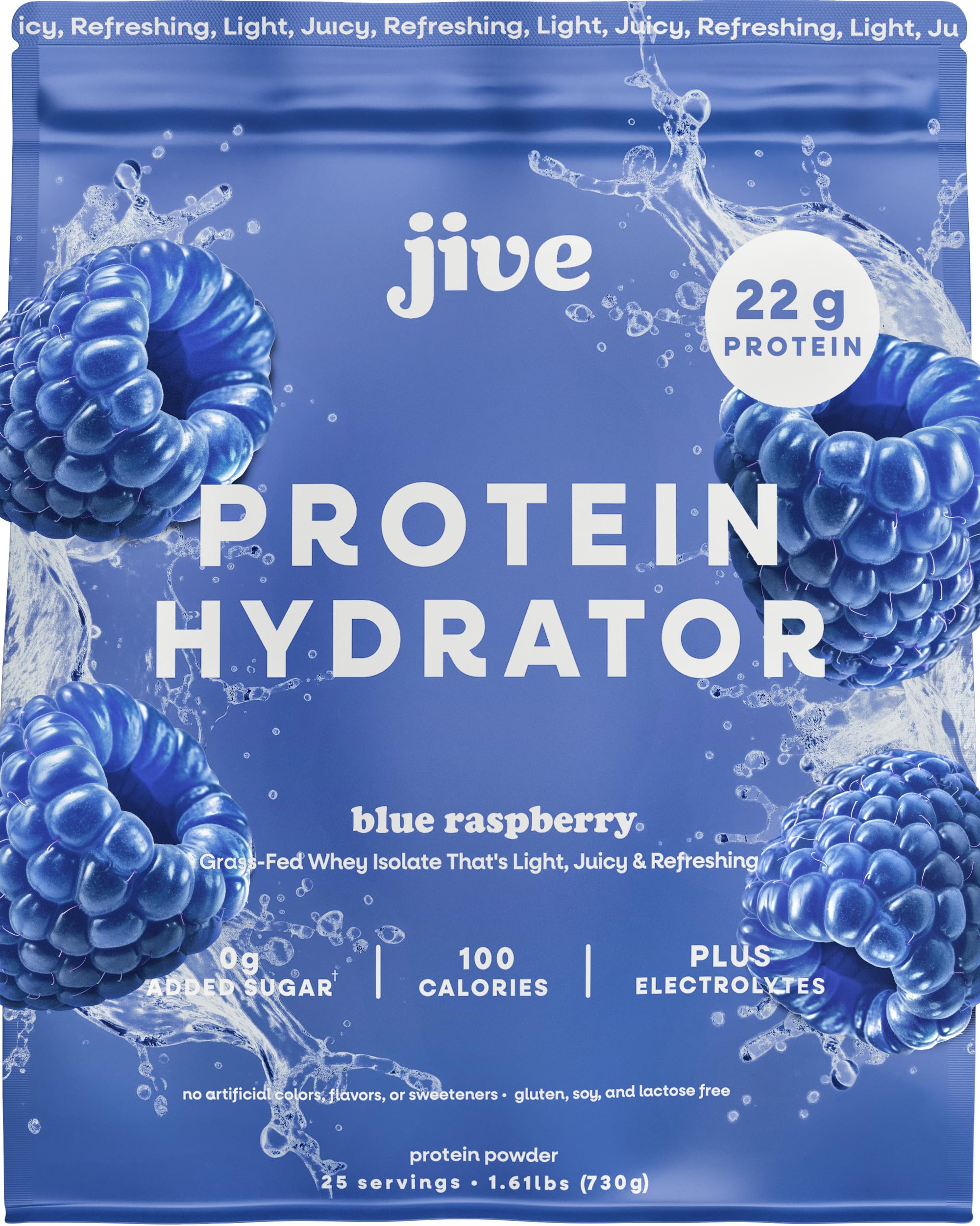Jive envase frontal azul frambuesa mostrando diseño y claridad del producto