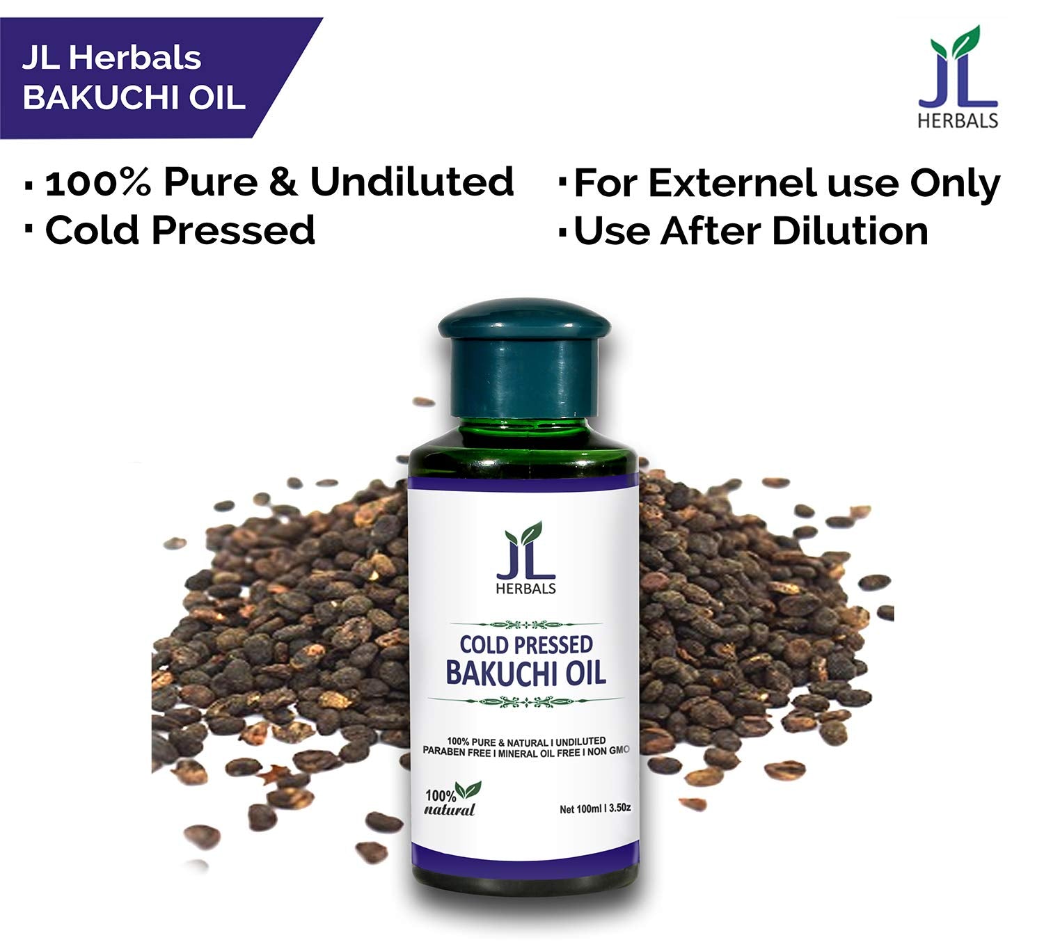 JL HERBAL etiqueta informativa de Bakuchi prensado en frío y pureza