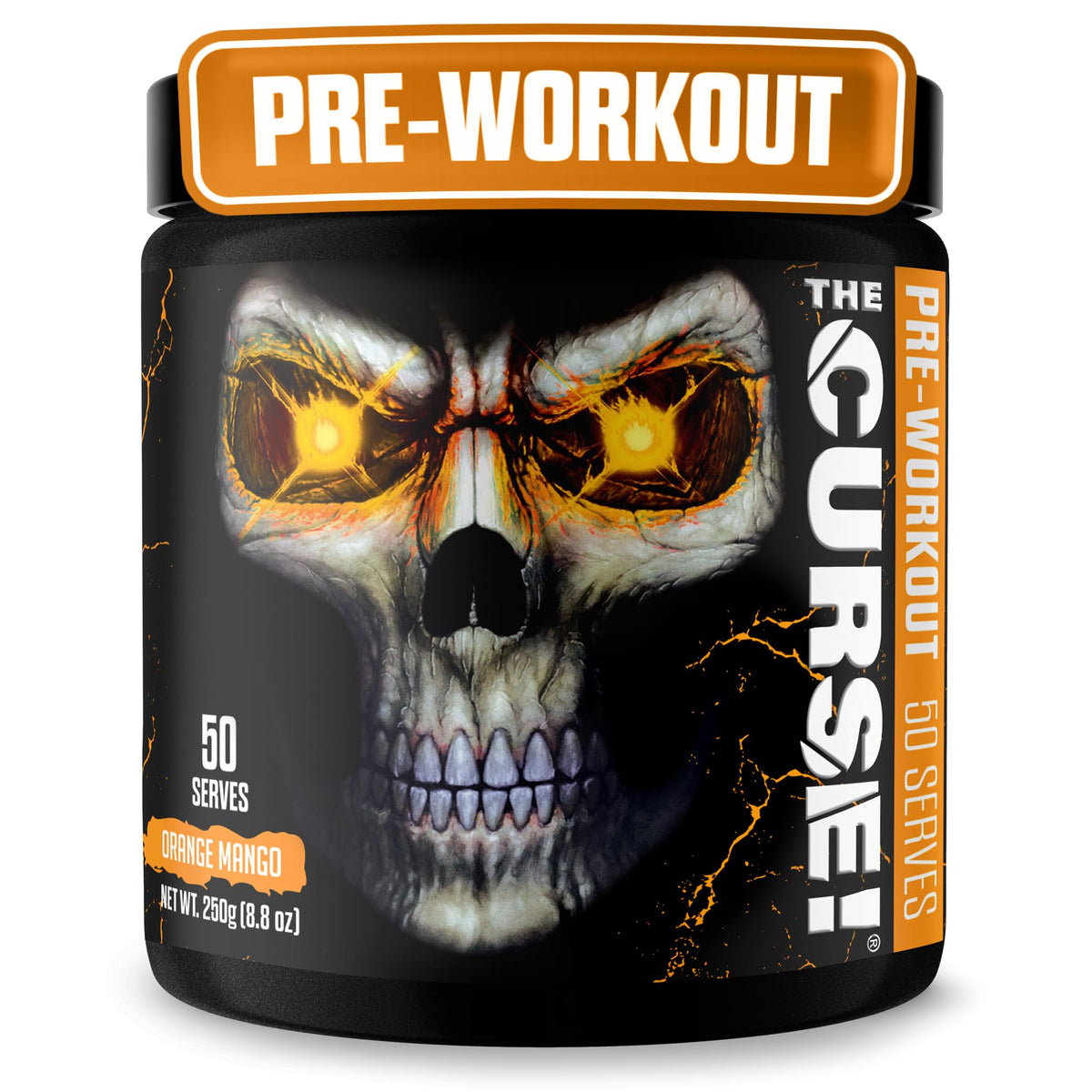 JNX SPORTS envase frontal de The Curse! naranja mango mostrando 50 servicios y marca