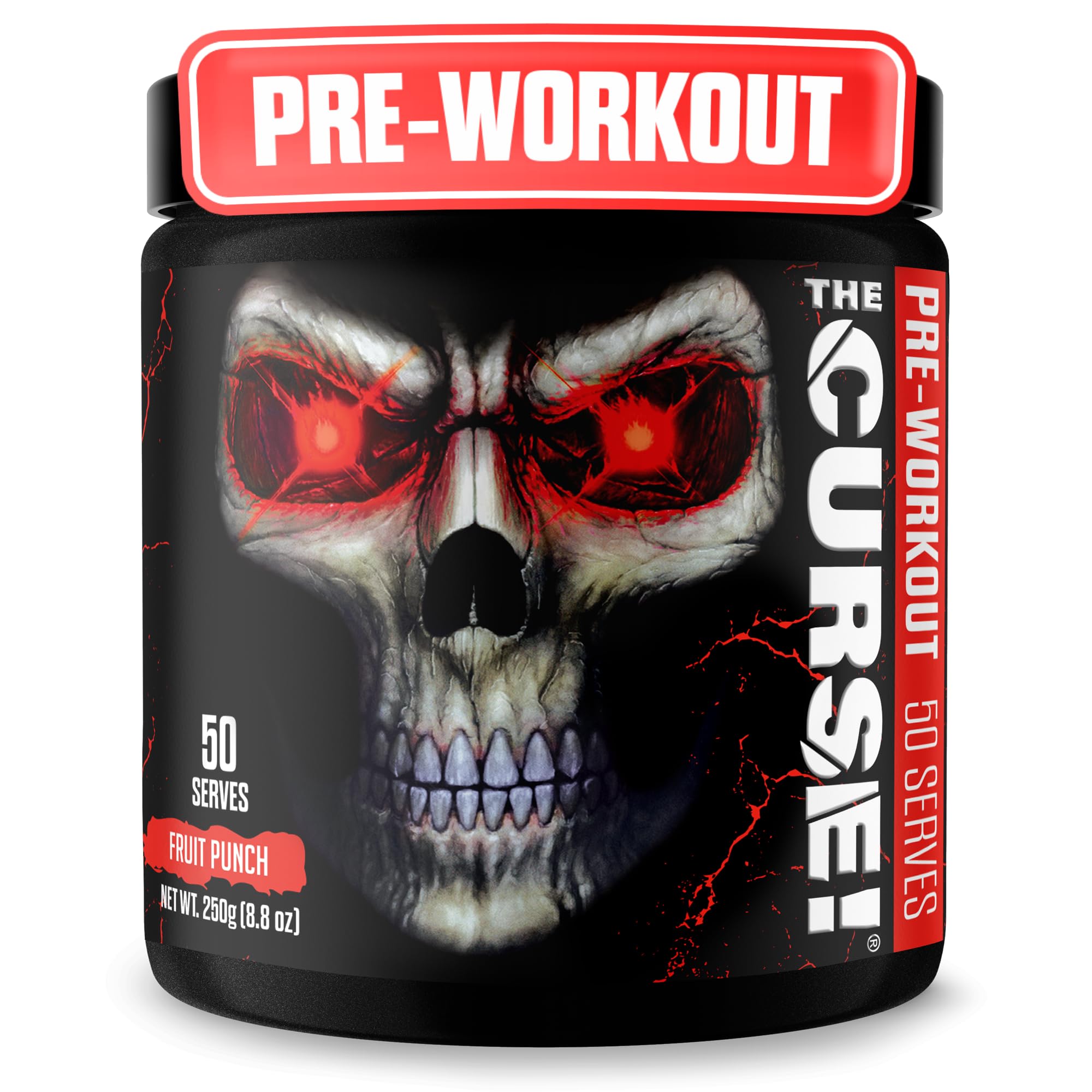 JNX SPORTS envase The Curse! frente mostrando 50 servicios y sabor fruit punch