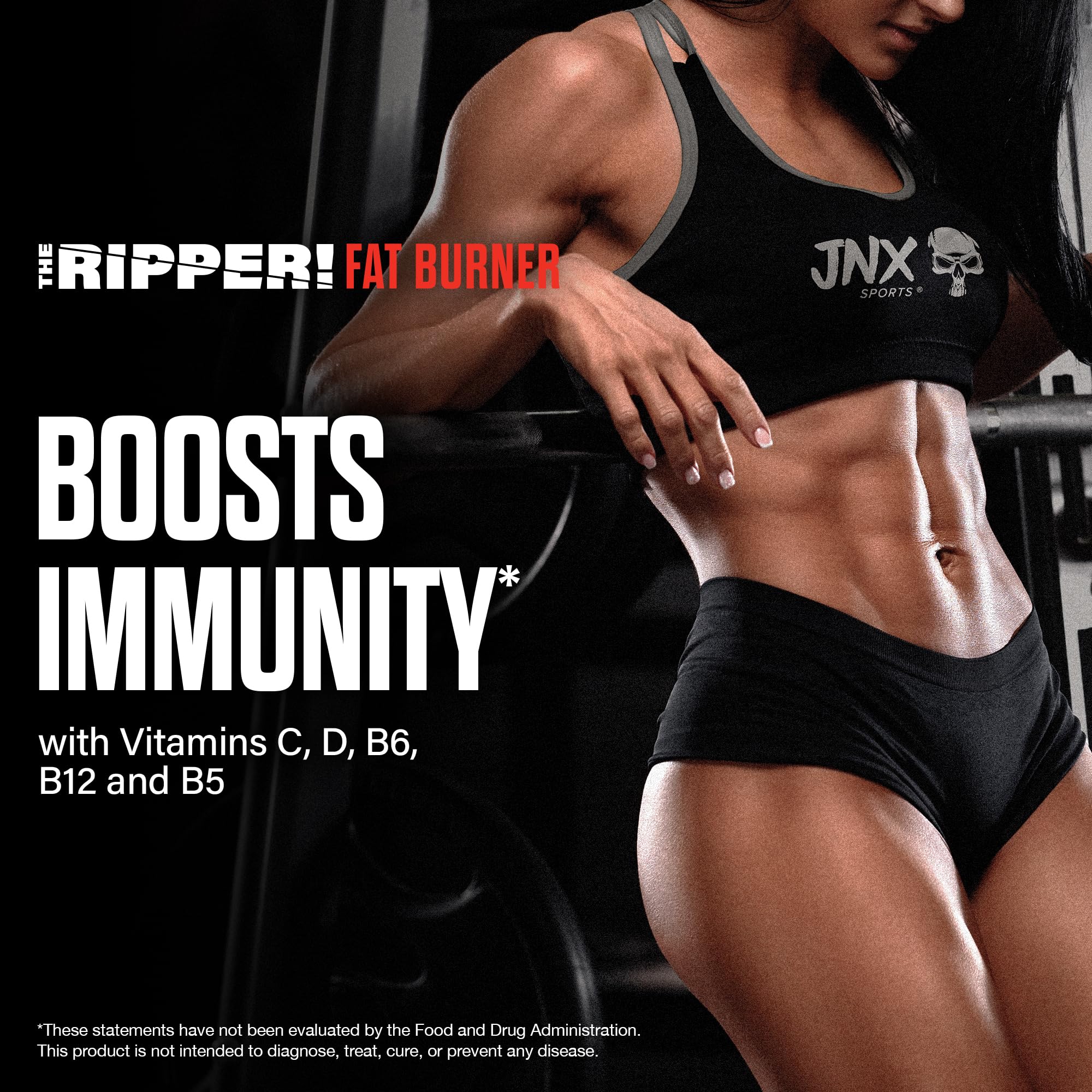 JNX SPORTS The Ripper! presentación cercana de ingredientes clave termogénicos y extractos naturales