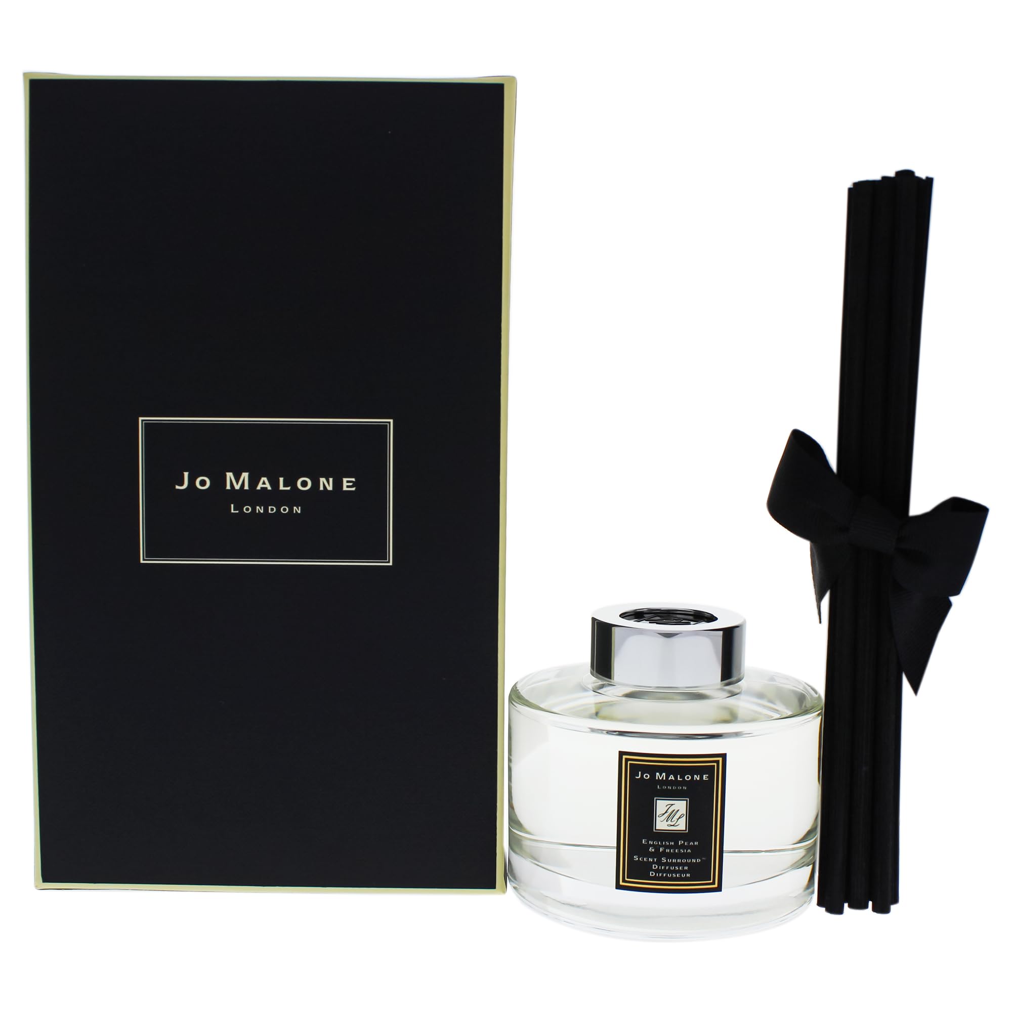 Jo Malone difusor frontal mostrando botella y etiqueta elegante, aporta ambiente refinado