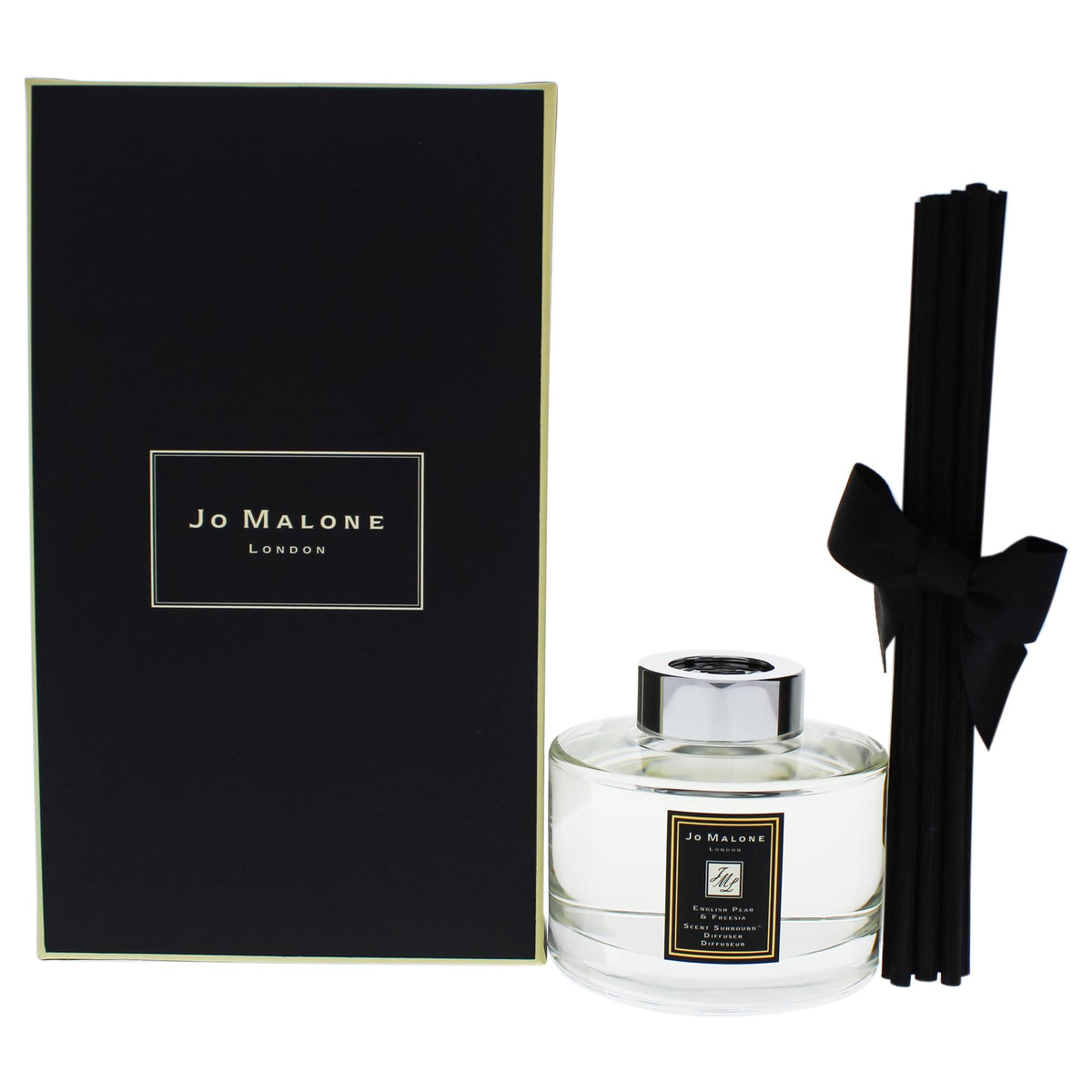 Jo Malone difusor frontal mostrando botella y etiqueta elegante, aporta ambiente refinado