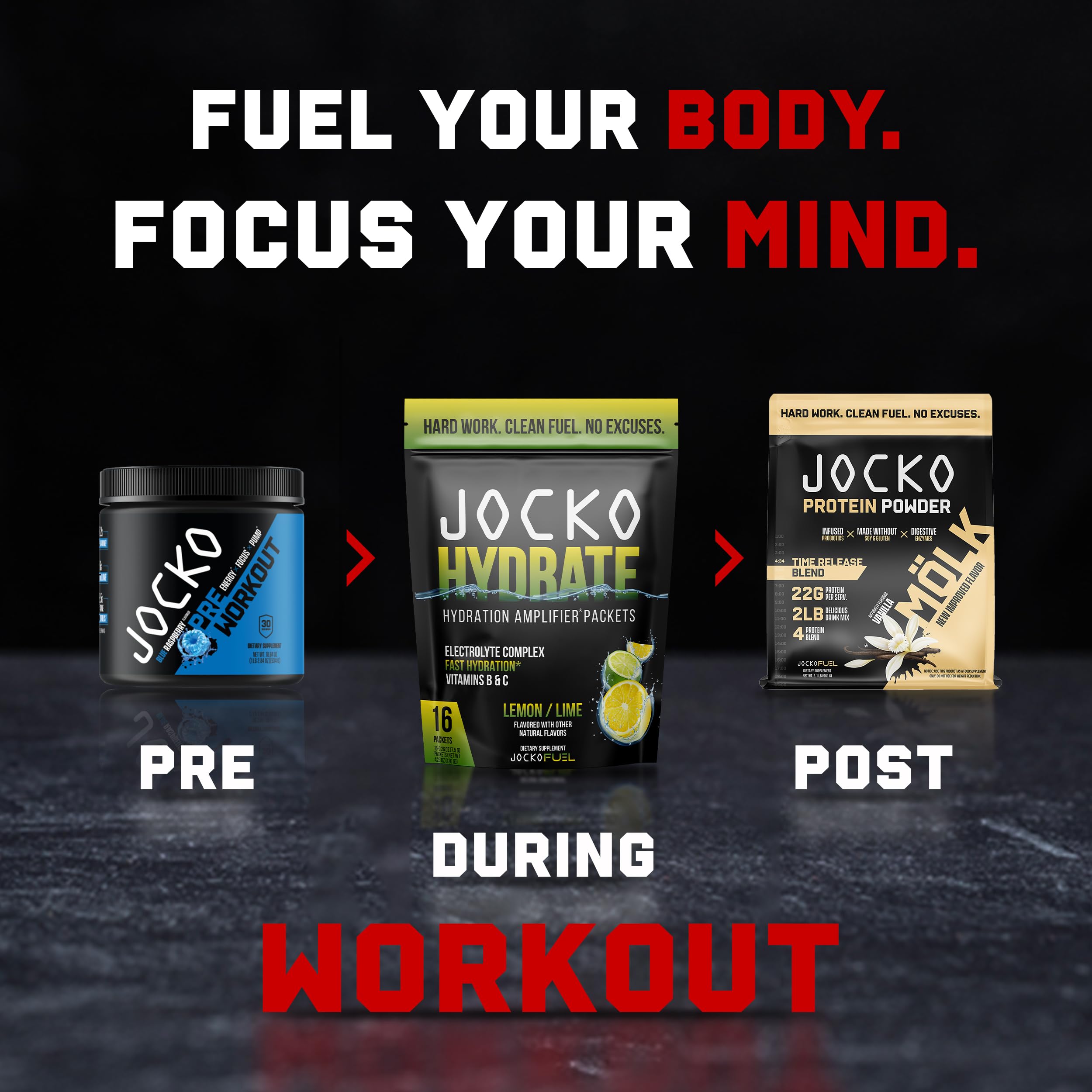 Jocko Fuel comparación de tamaño del sobre mostrando portabilidad y número de dosis