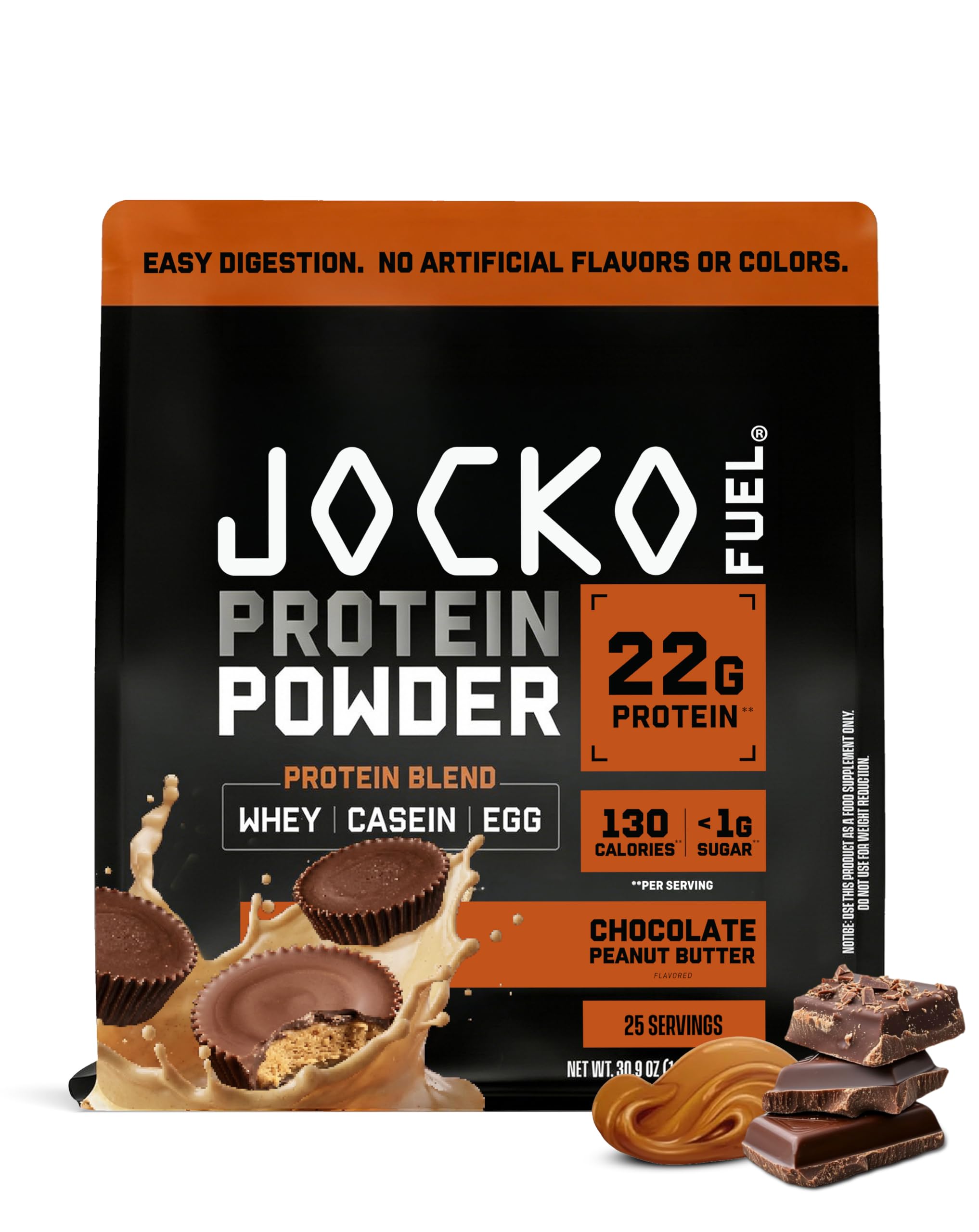 Jocko Fuel envase frontal mostrando sabor chocolate peanut butter y beneficio de 22 g proteína