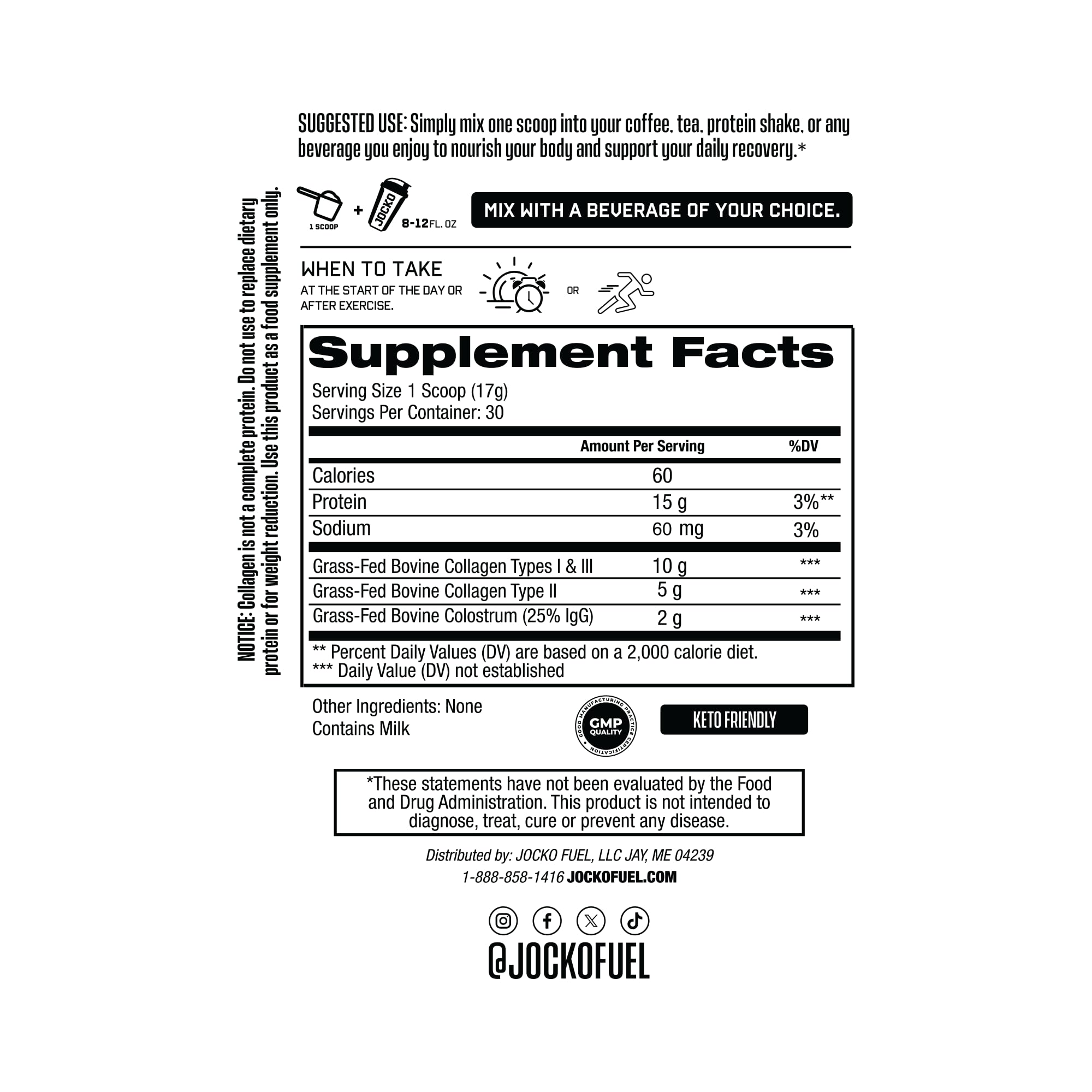 Jocko Fuel etiqueta nutricional enfocada, aclarando dosis y componentes por servicio