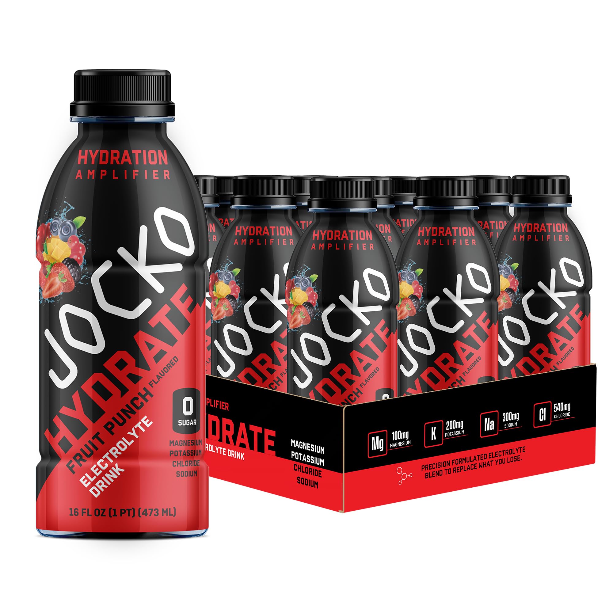 Jocko Fuel frente del paquete mostrando sabor Fruit Punch y beneficios de electrolitos