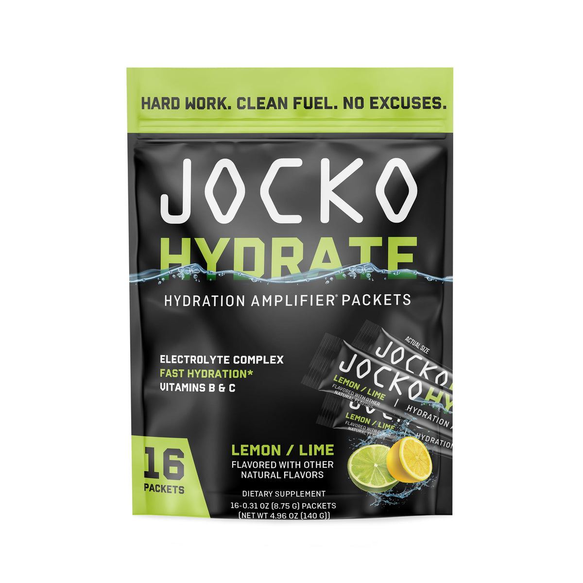 Jocko Fuel frente del paquete mostrando el diseño y beneficio de hidratación rápida