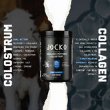 Jocko Fuel ingredientes clave mostrados en escena para destacar colágeno y calostro