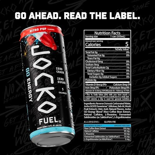 Jocko Fuel primer plano de la etiqueta con ingredientes y beneficios visibles