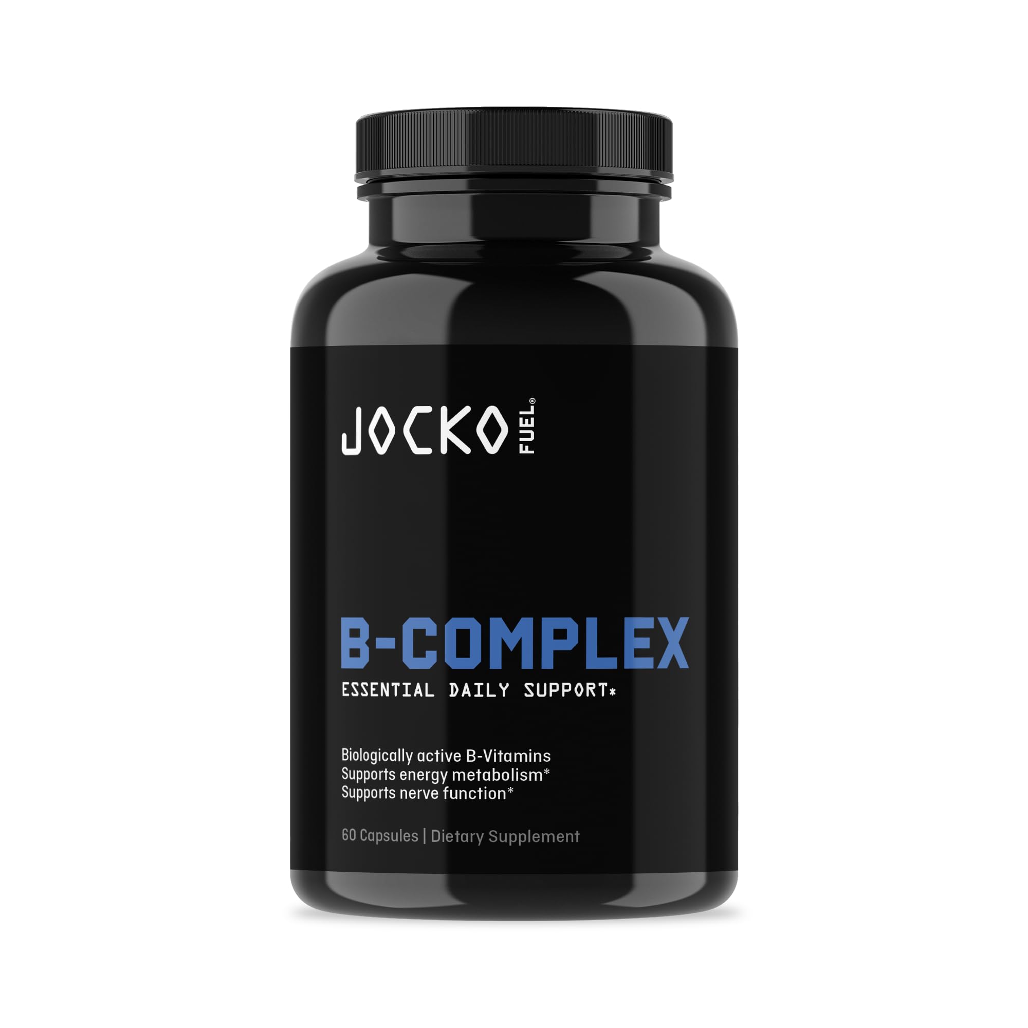 Jocko Vitamin B Complex vista frontal, envase claro que facilita identificación