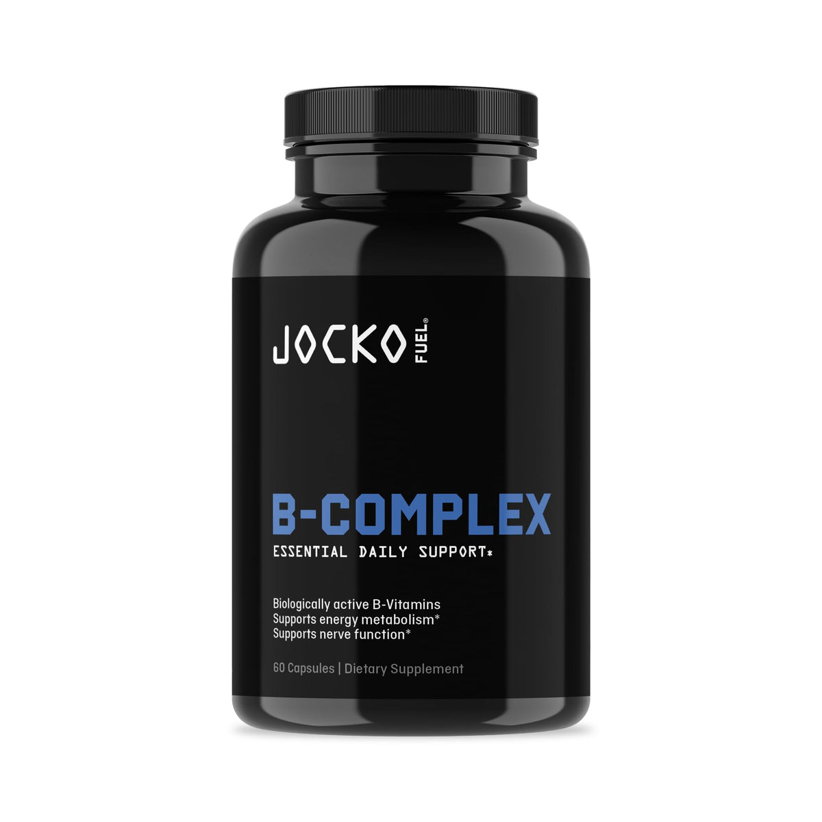 Jocko Vitamin B Complex vista frontal, envase claro que facilita identificación