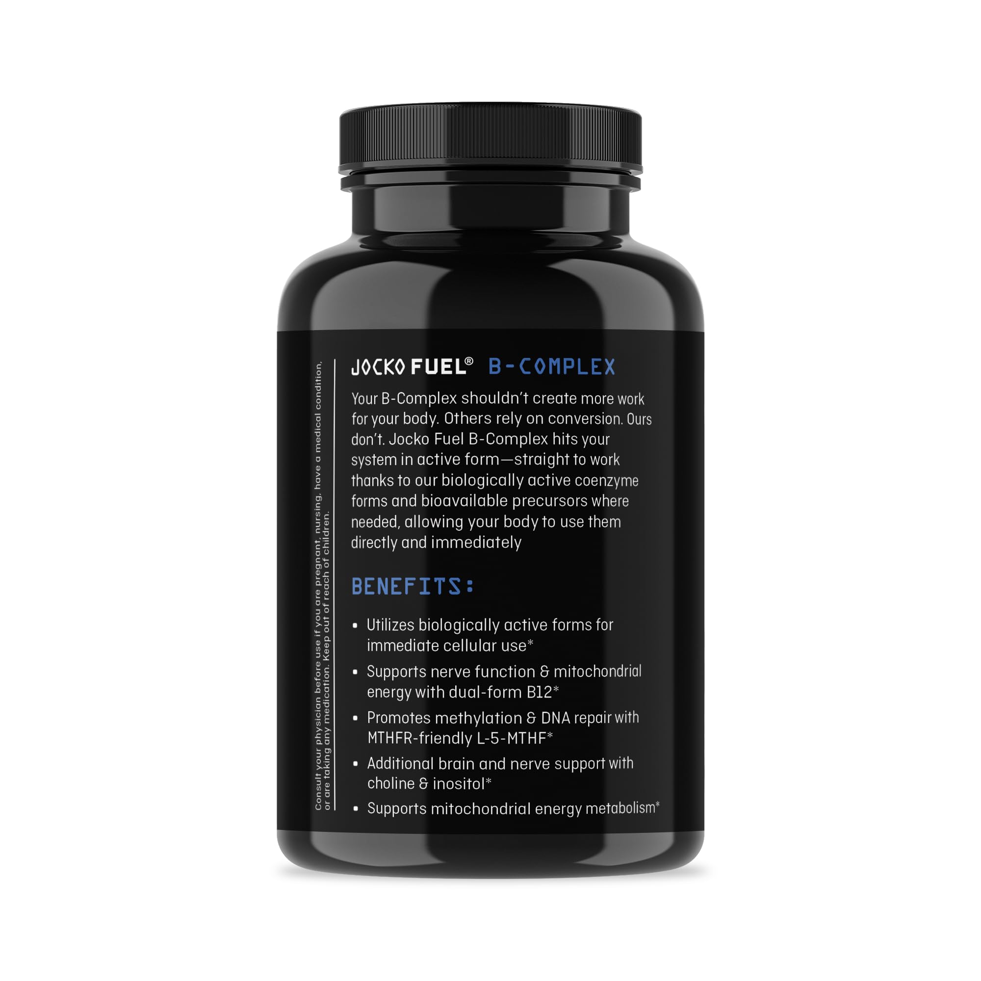 Jocko Vitamin B Complex cápsula en mano para apreciar porción diaria práctica