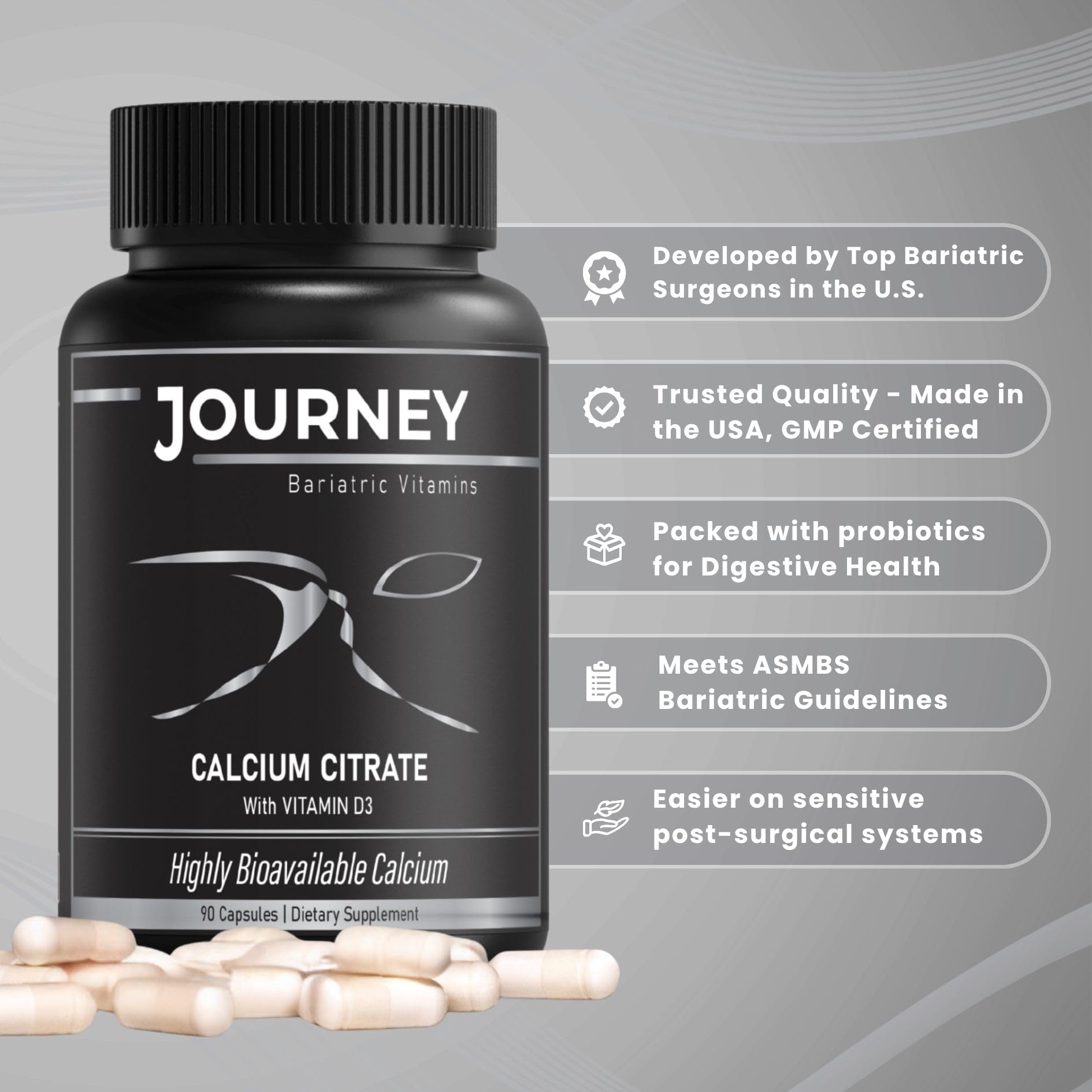 Journey Bariatric primer plano de cápsula para apreciar textura y tamaño
