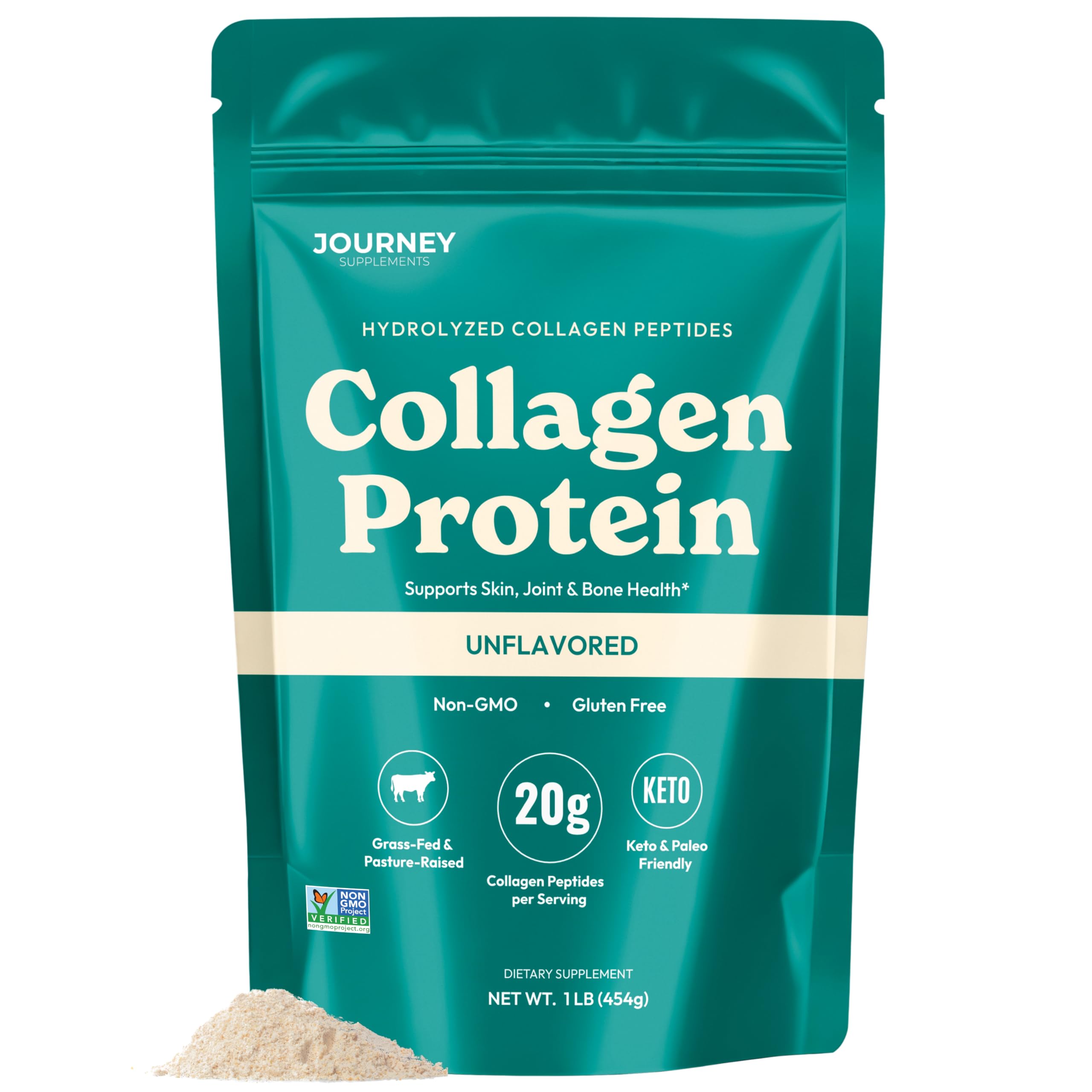Journey colágeno en polvo paquete frontal mostrando tamaño y limpieza de ingredientes