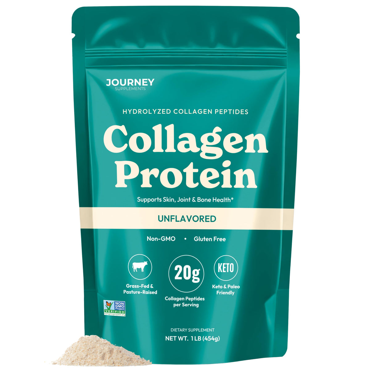 Journey colágeno en polvo paquete frontal mostrando tamaño y limpieza de ingredientes