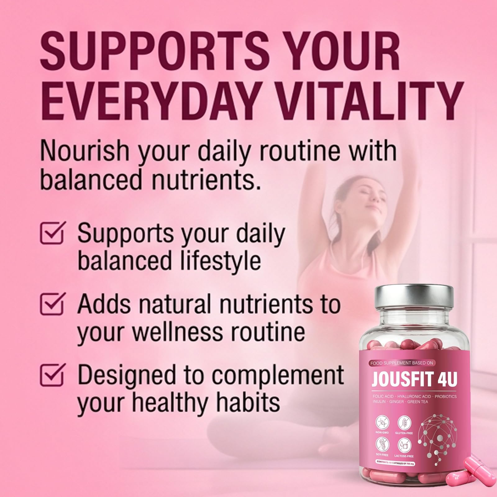 JOUSFIT 4U cápsulas en rutina matutina junto a vaso de agua