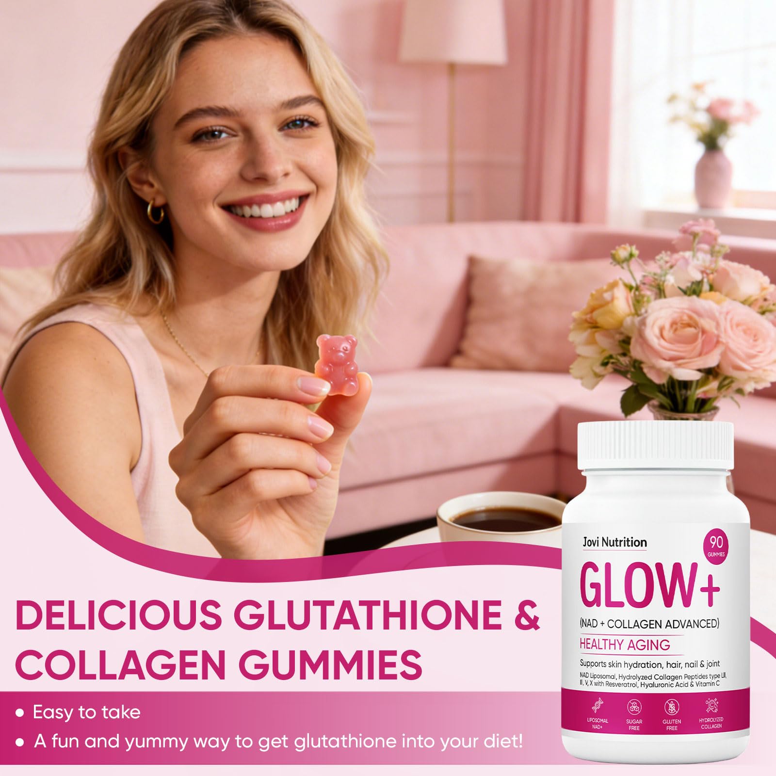 JOVI NUTRITION mujer en entorno cotidiano usando suplemento como parte de cuidado