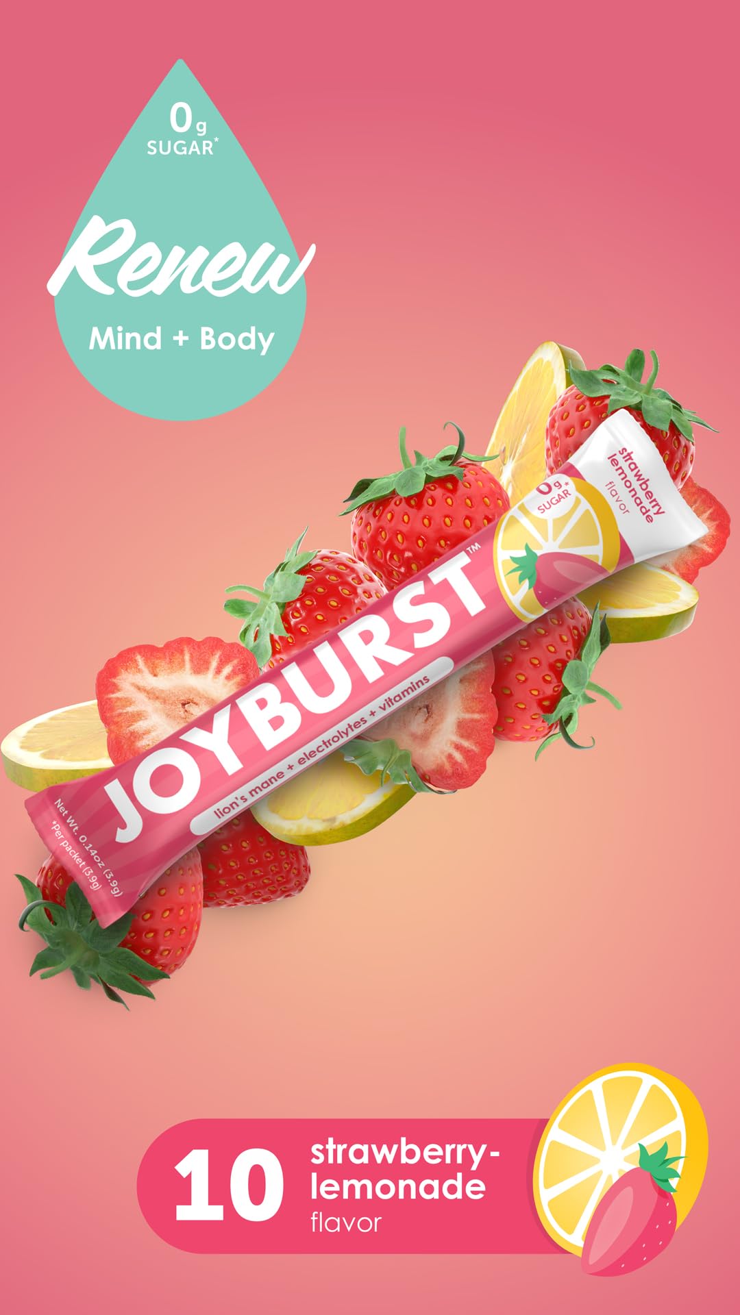 JOYBURST sobre vertido en vaso con agua para hidratación instantánea
