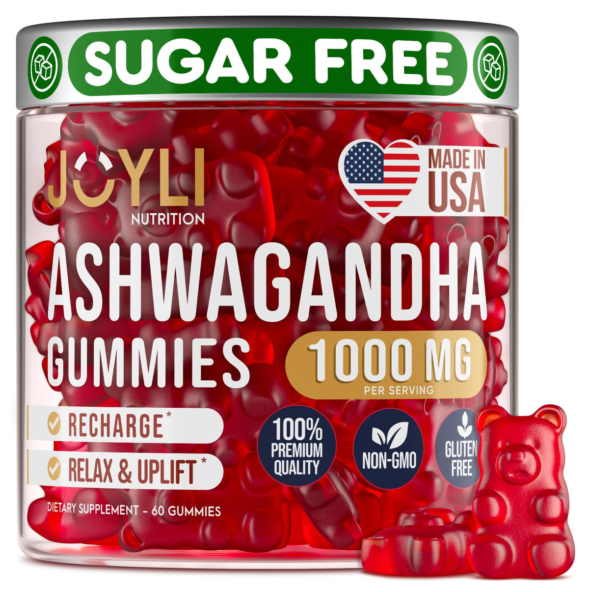 JOYLI Nutrition frasco frontal mostrando 60 gomitas veganas y sin azúcar para calma
