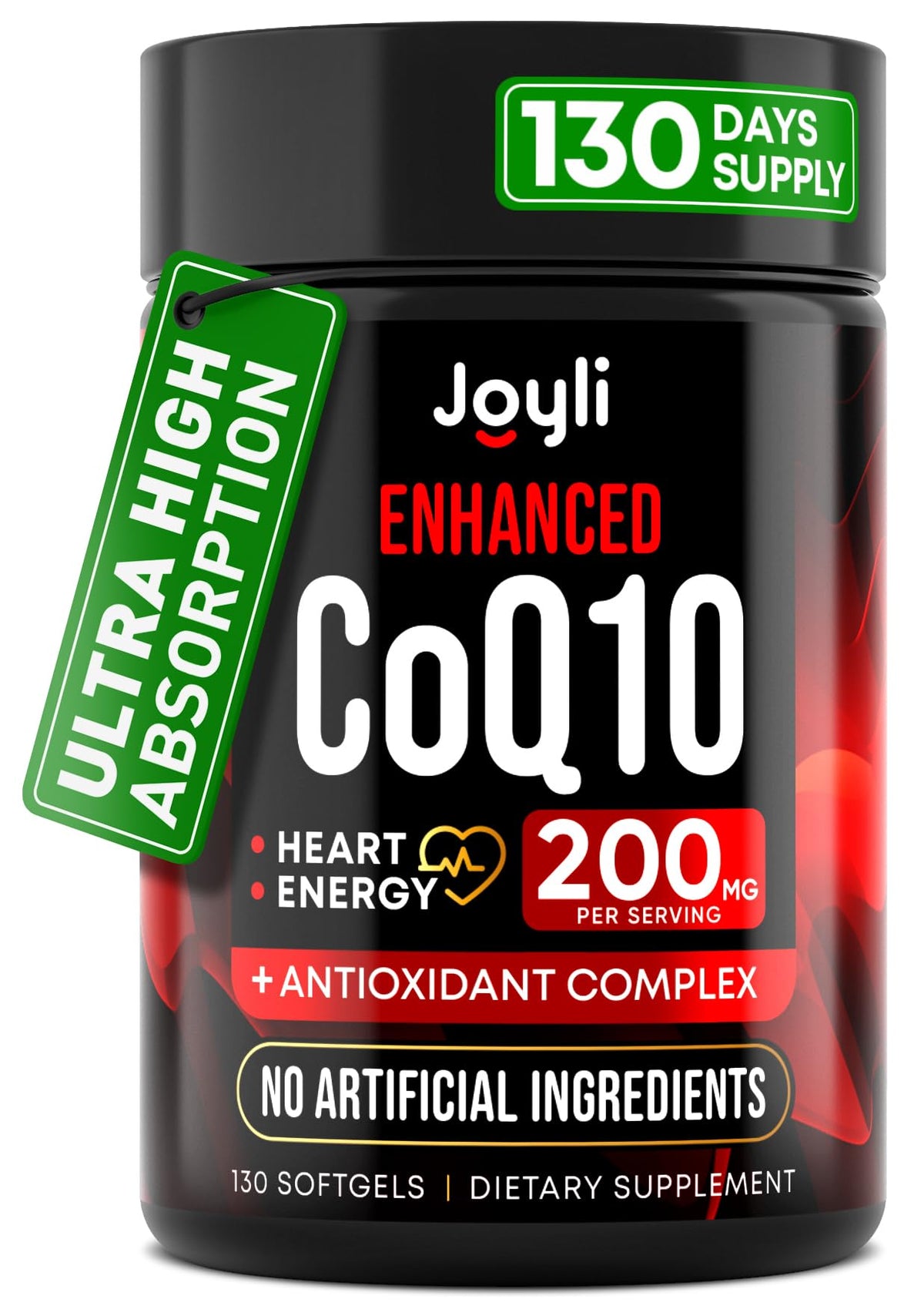 JOYLI Nutrition frasco frontal mostrando CoQ10 200 mg y beneficios