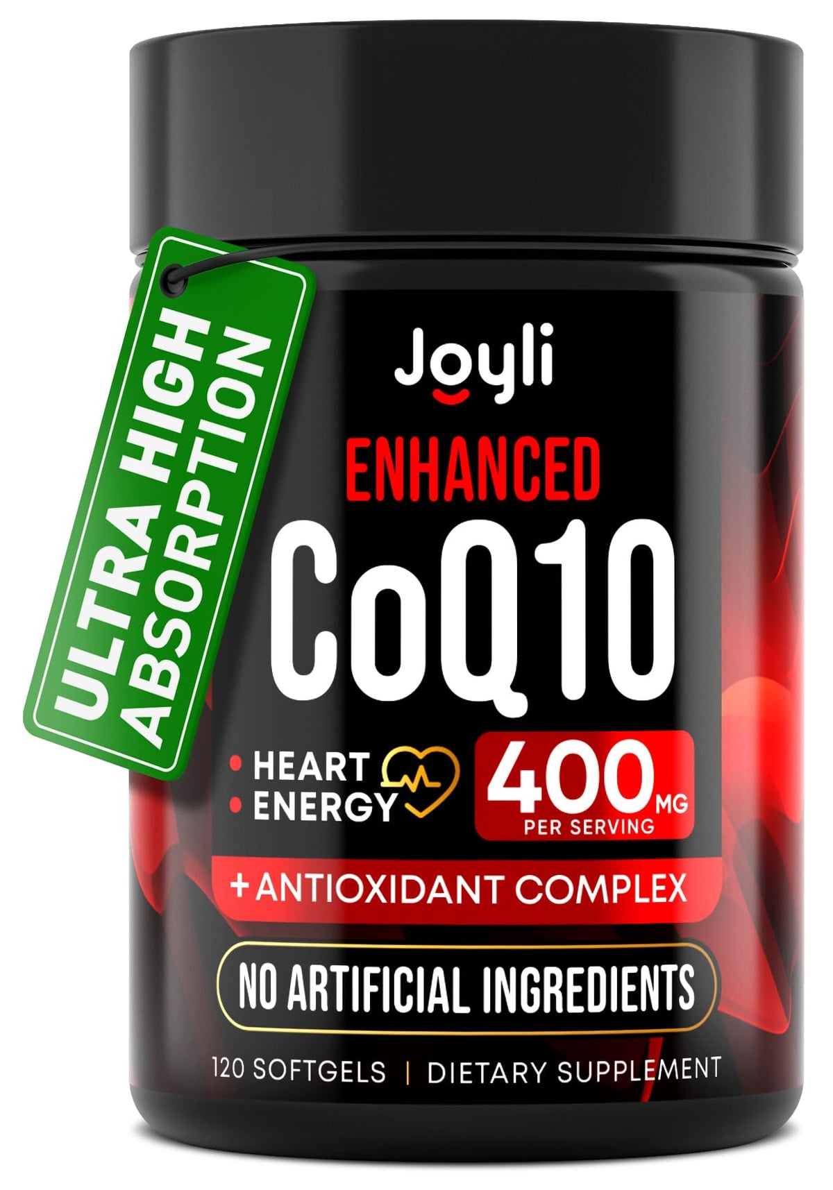 JOYLI Nutrition frasco frontal mostrando CoQ10 400 mg para confianza y claridad