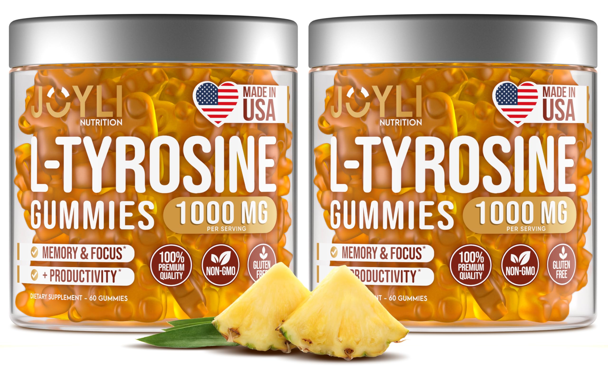 JOYLI Nutrition empaque frontal de gomas L-tirosina mostrando beneficios y sin azúcar