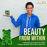 JOYLI Nutrition gominolas junto a una regla para comparación de tamaño y porción