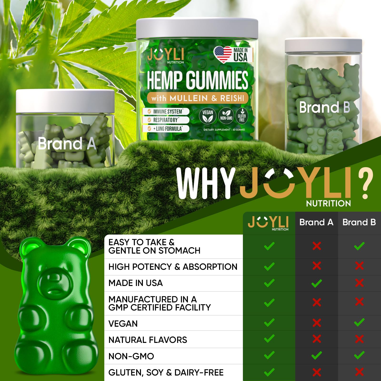 JOYLI Nutrition presentación con hoja de gordolobo y reishi mostrando origen natural