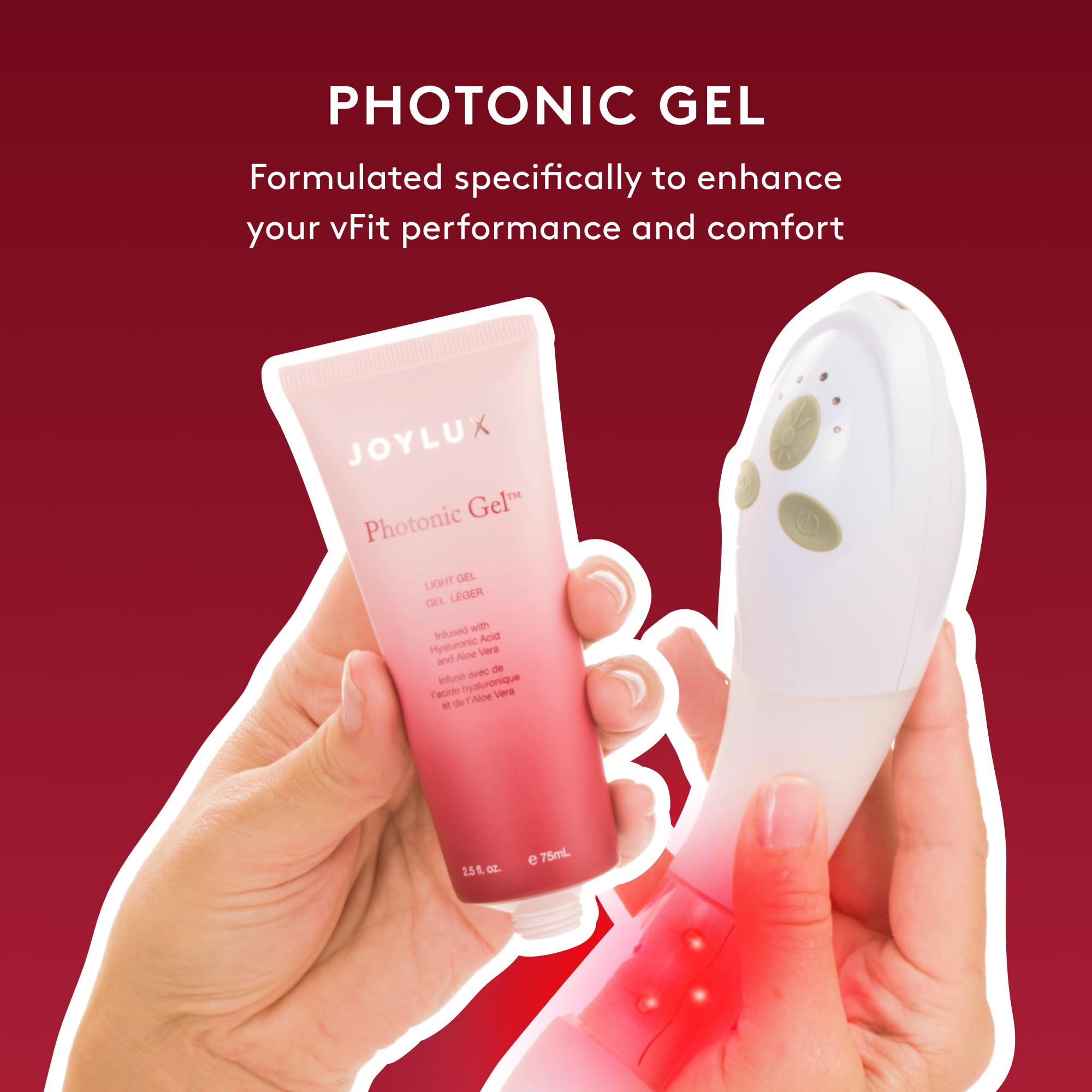 Joylux Photonic Gel envase 75 mL junto a objeto para escala práctico