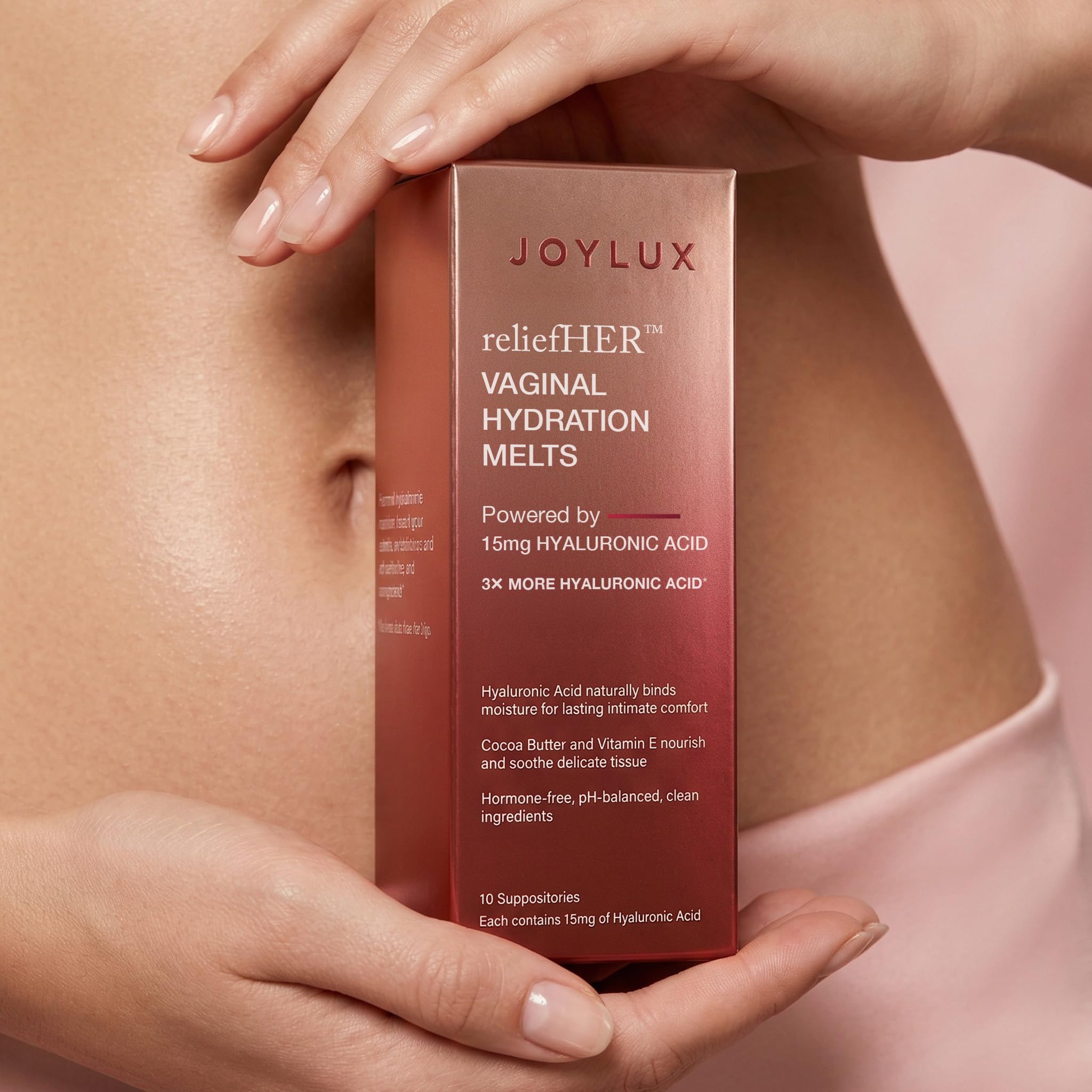 Joylux relieveHER presentación minimalista sobre mesa, diseño limpio