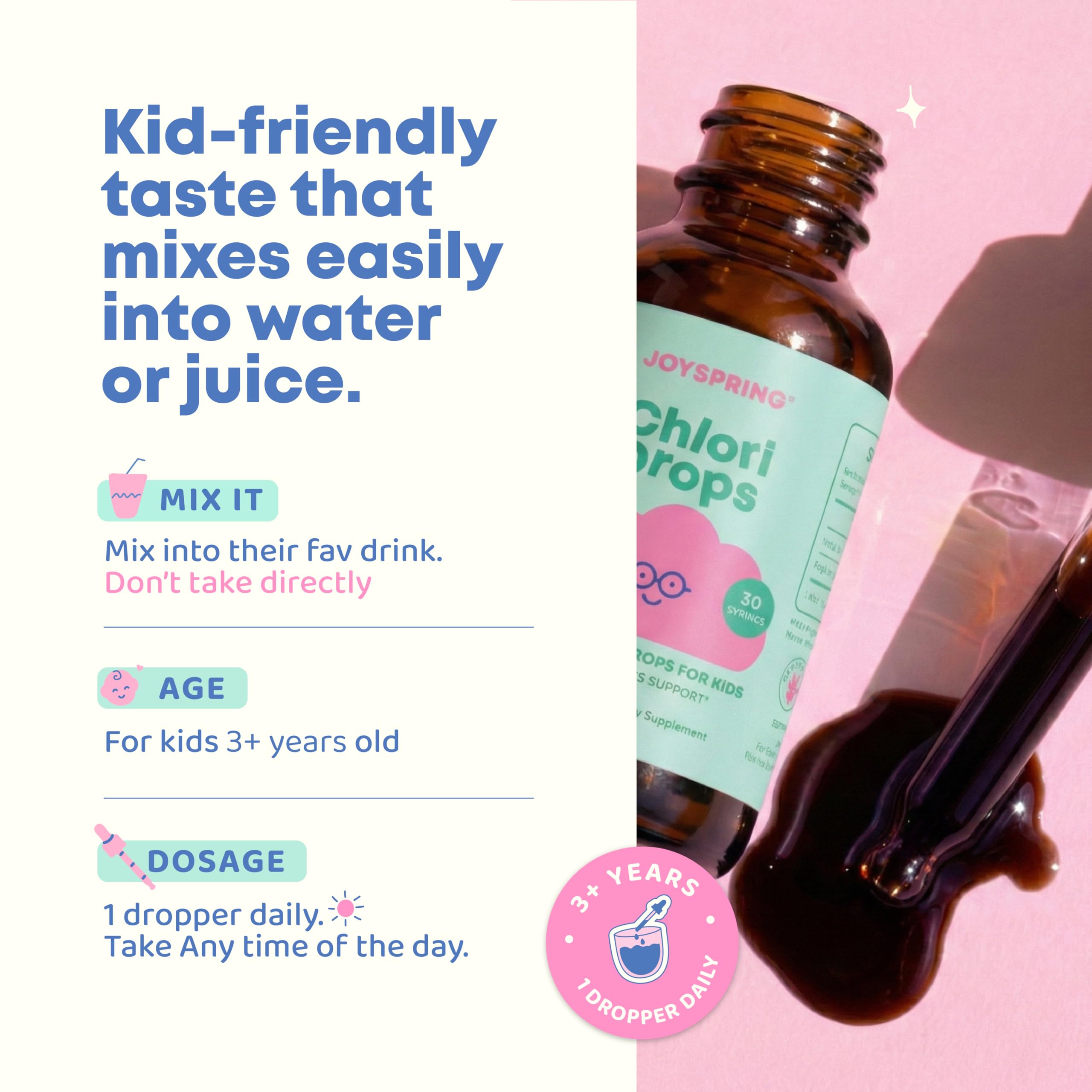JoySpring botella junto a una mano para comparar tamaño y porciones