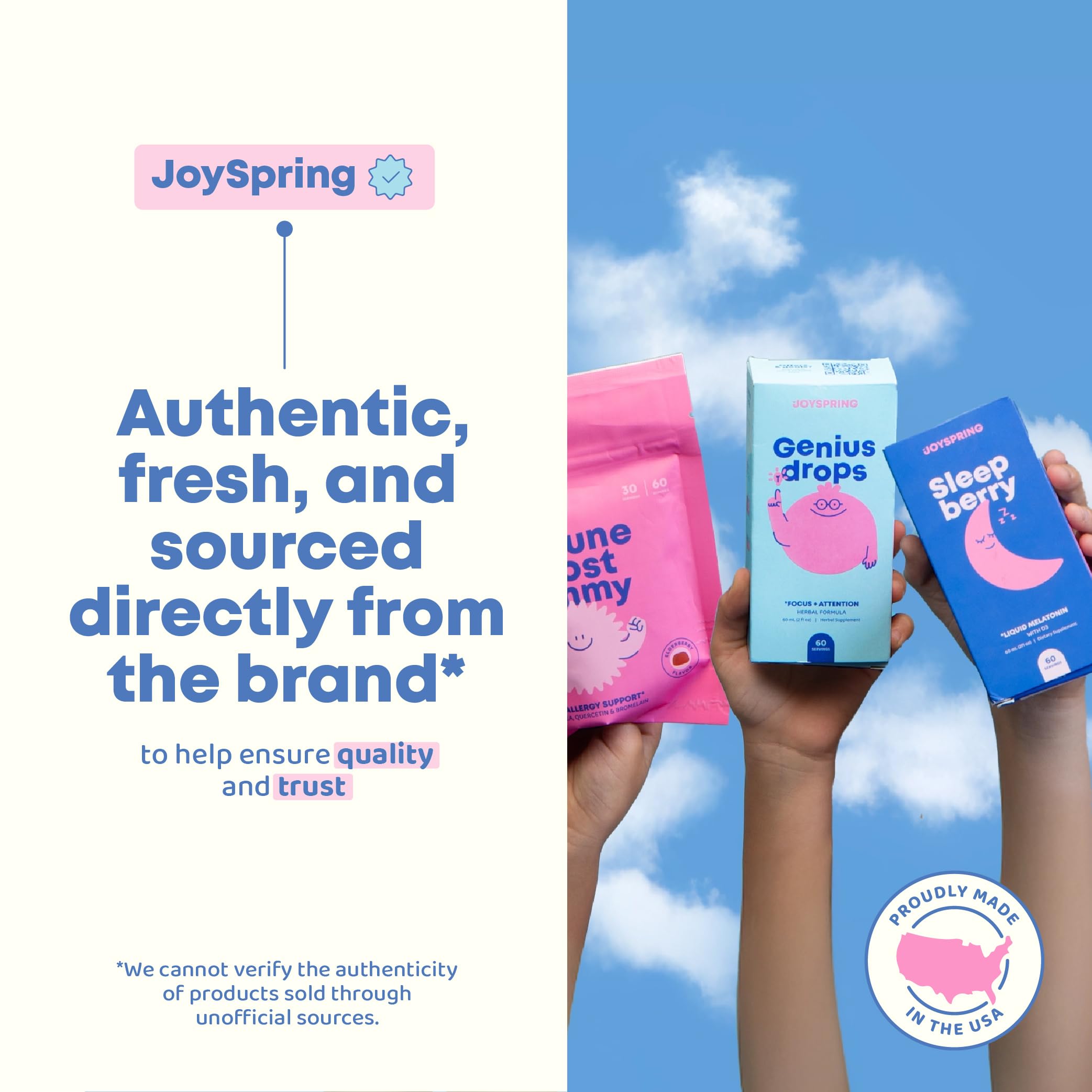 JoySpring empaque con caja y frasco listo para el estante o viaje