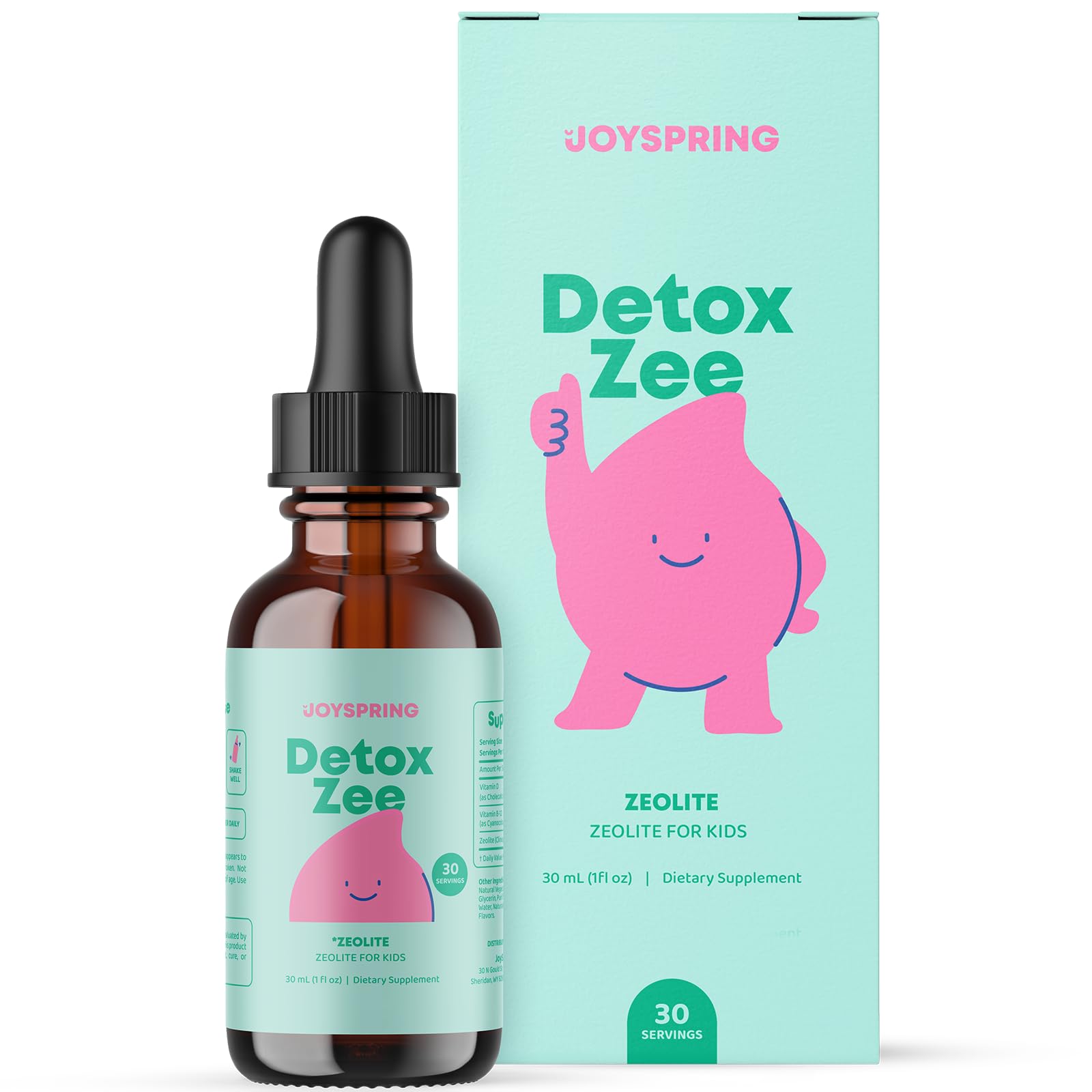 JoySpring botella frontal del producto mostrando la marca y formato líquido, práctico para padres