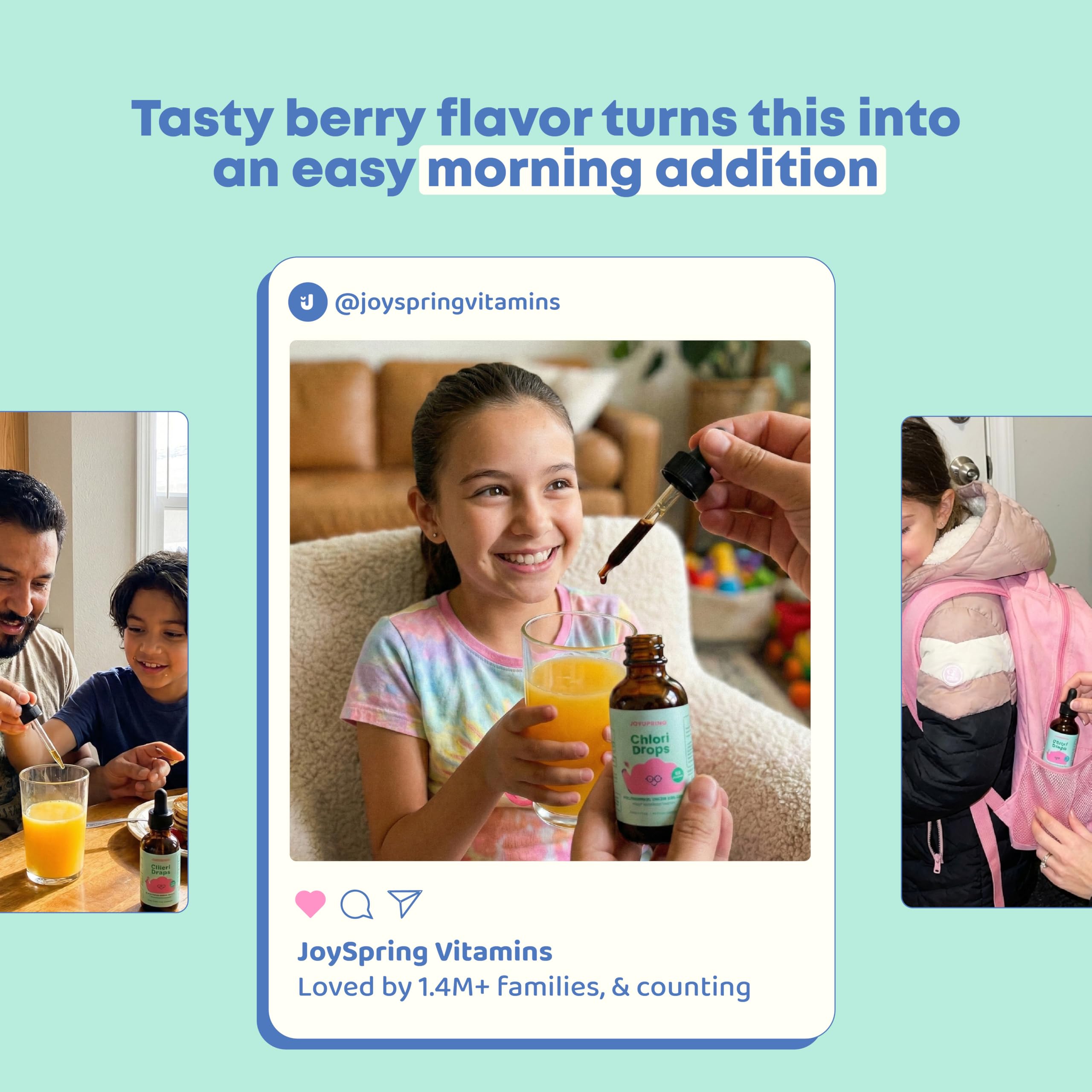 JoySpring gotas dosificadas en jugo ilustrando mezcla suave y sabor berry