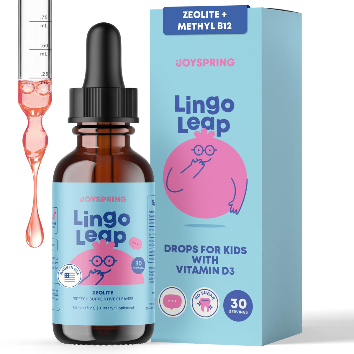 JoySpring frasco delantero mostrando etiqueta y tamaño, confianza en el formato