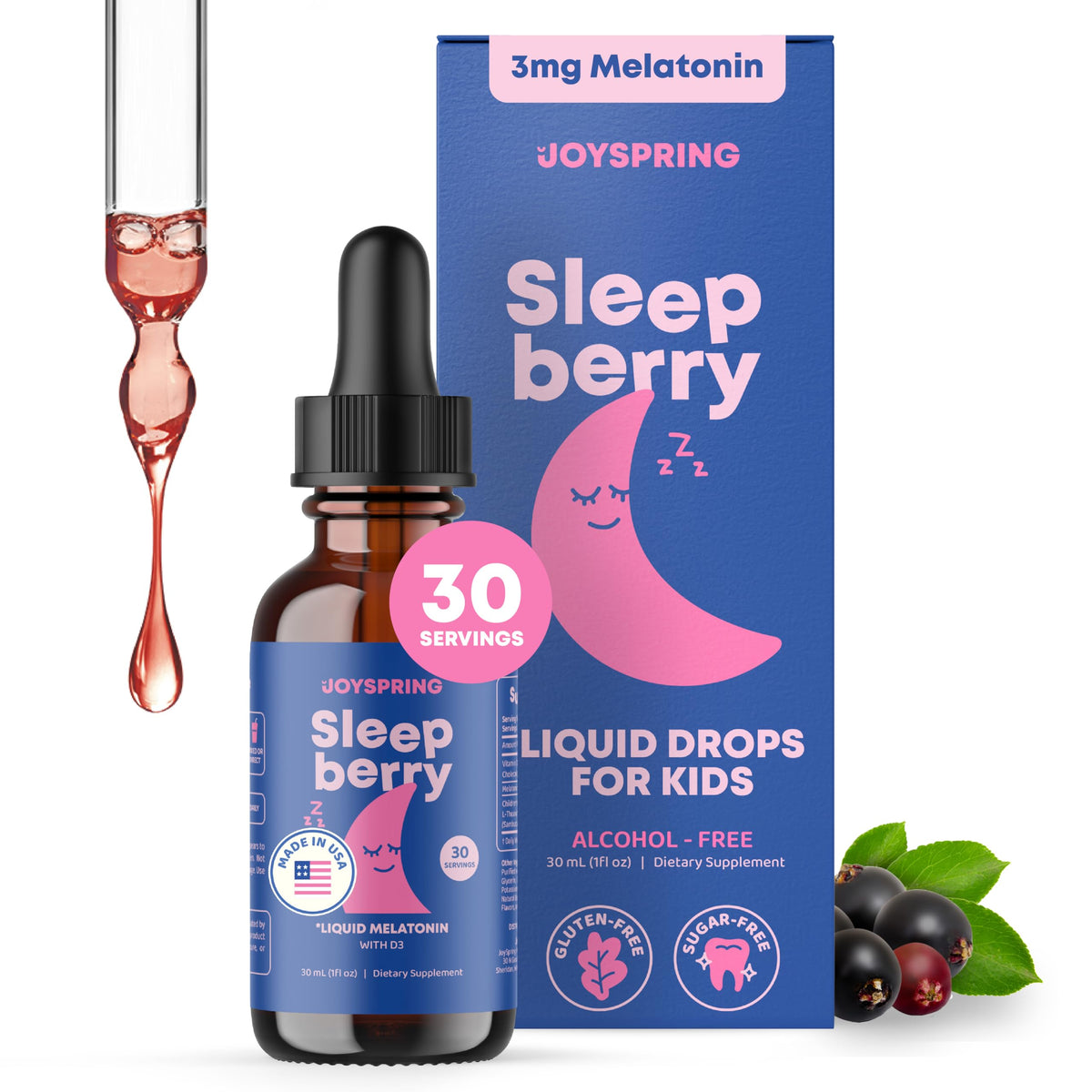 JoySpring SleepBerry frontal del frasco mostrando diseño y tamaño útil