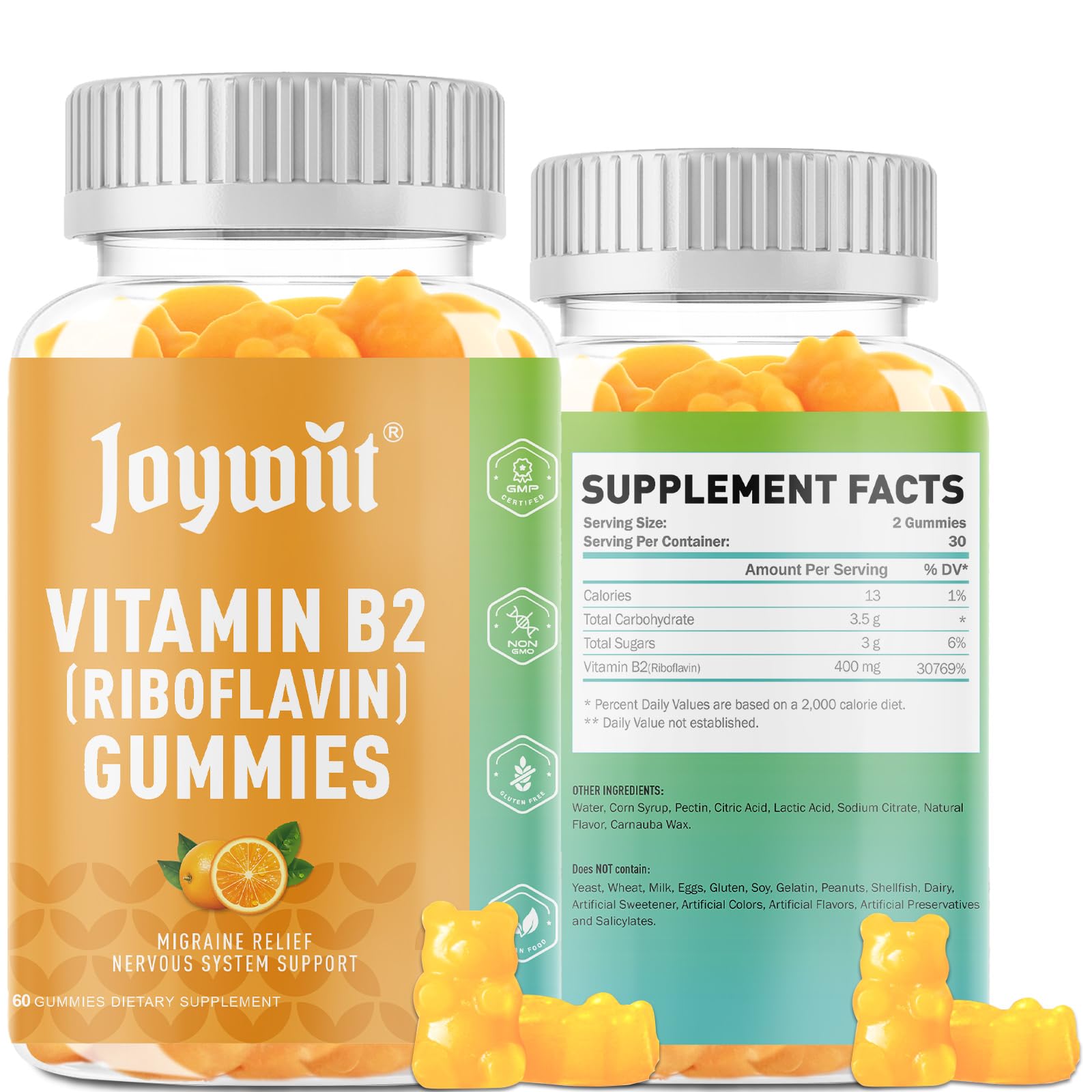 joywiit frasco frontal que muestra gominolas B2 y ventaja de fácil consumo
